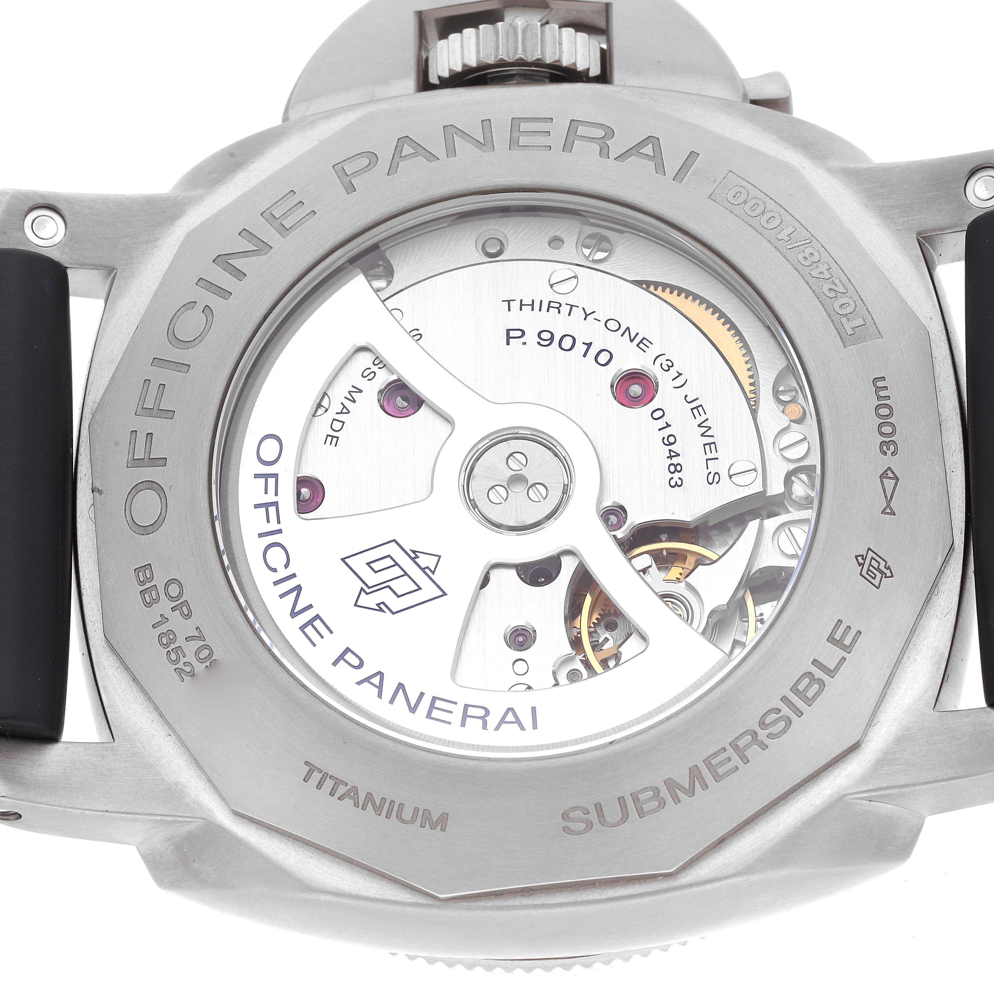 The image shows the case back of a Panerai Submersible PAM01305 Men's Titanium Black Dial PAM01305 Men's Titanium Black Dial watch, revealing the movement and inscriptions.