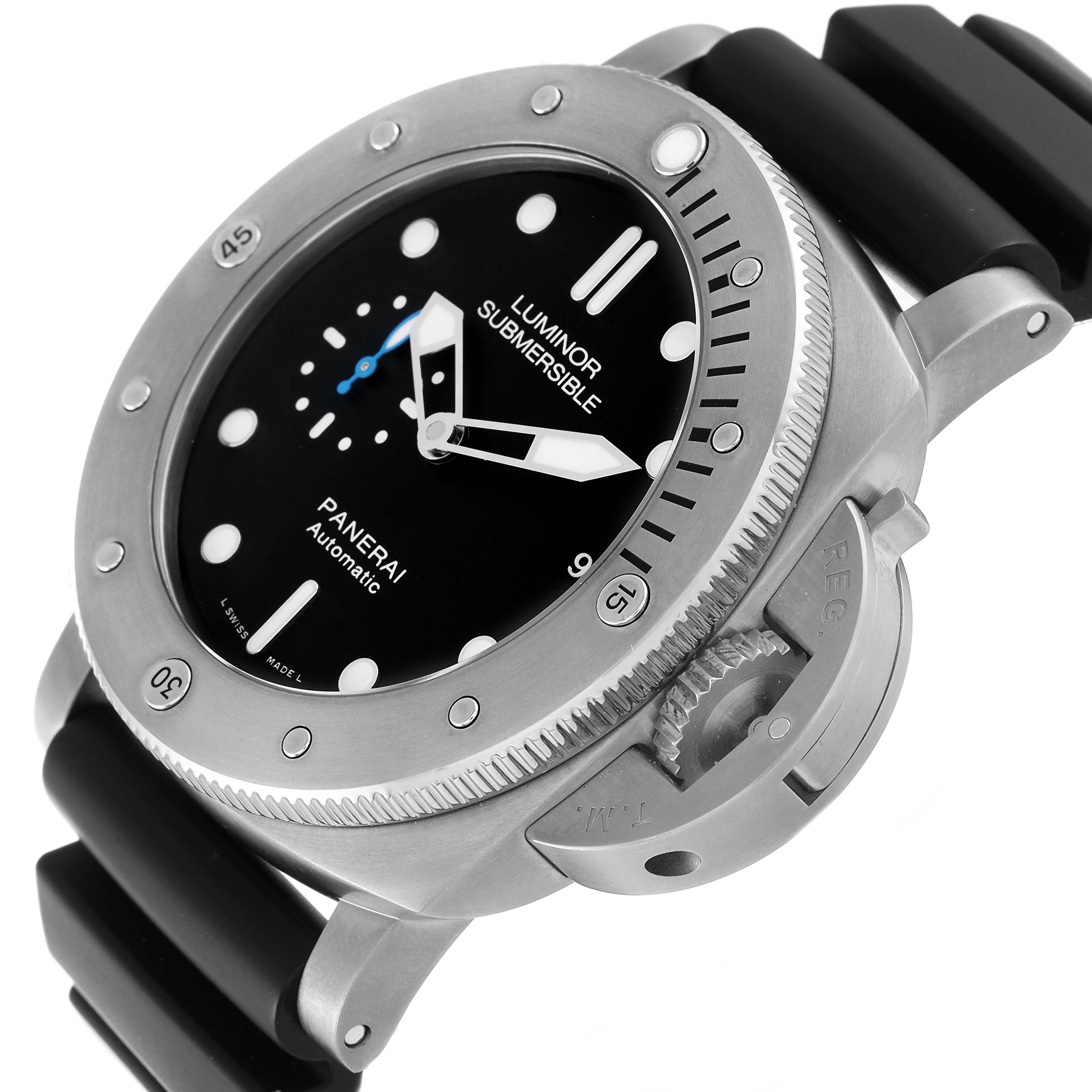 The Panerai Luminor Submersible watch is shown from a front angle, highlighting its dial, bezel, and rubber strap.