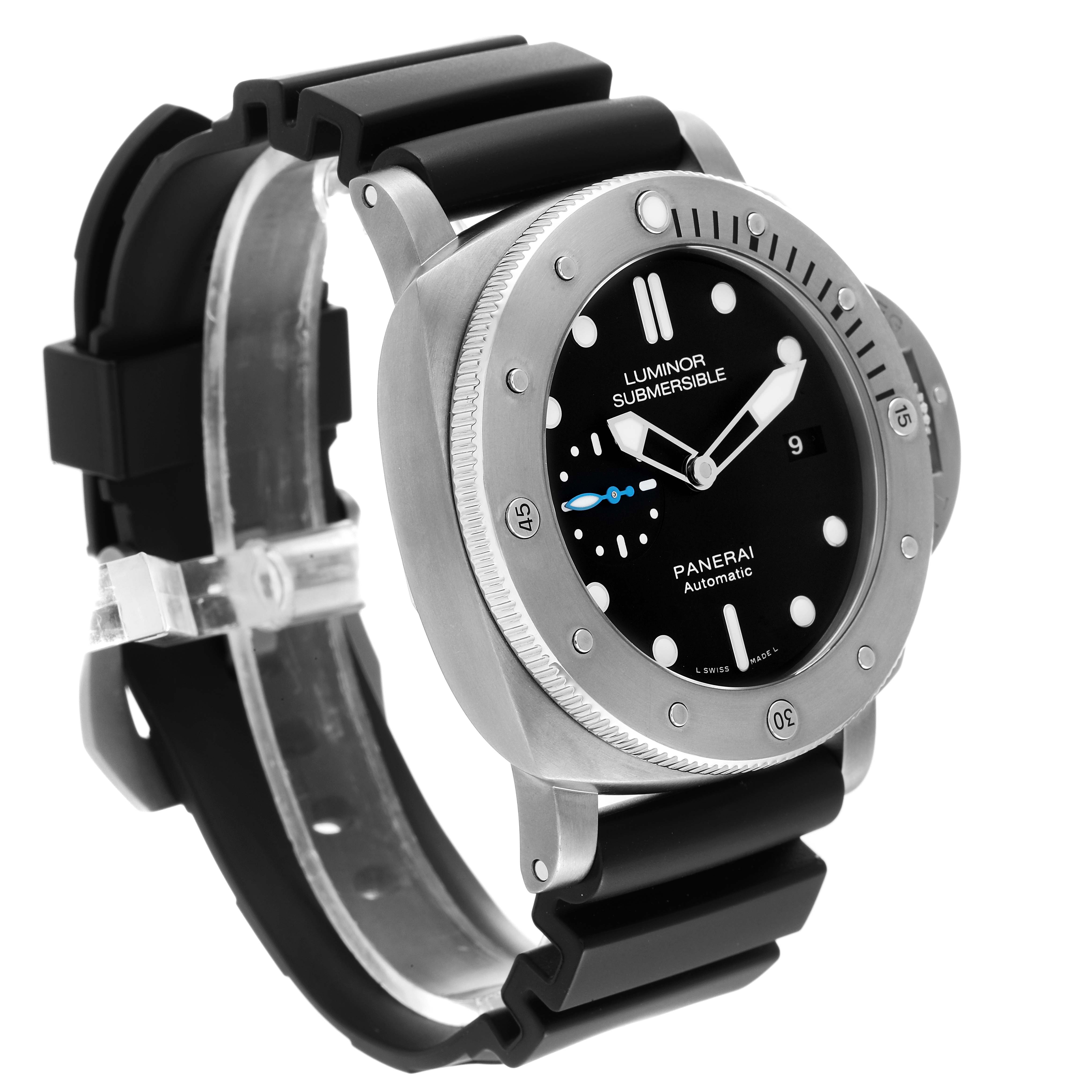The image shows a Panerai Submersible PAM01305 Men's Titanium Black Dial PAM01305 Men's Titanium Black Dial watch at a three-quarter angle, highlighting the dial, bezel, and rubber strap.