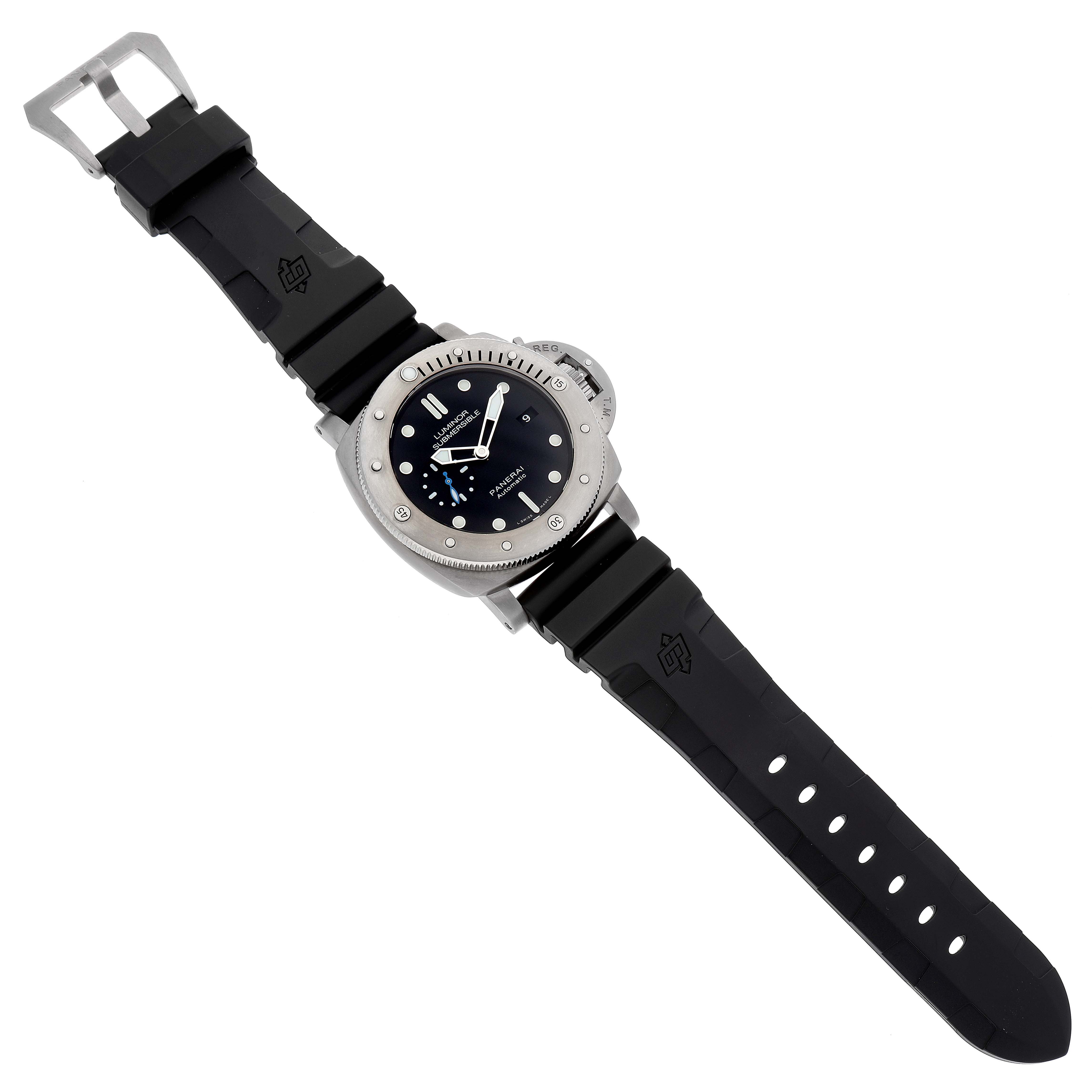 The image shows a Panerai Submersible PAM01305 Men's Titanium Black Dial PAM01305 Men's Titanium Black Dial watch with a black rubber strap, viewed from the front.