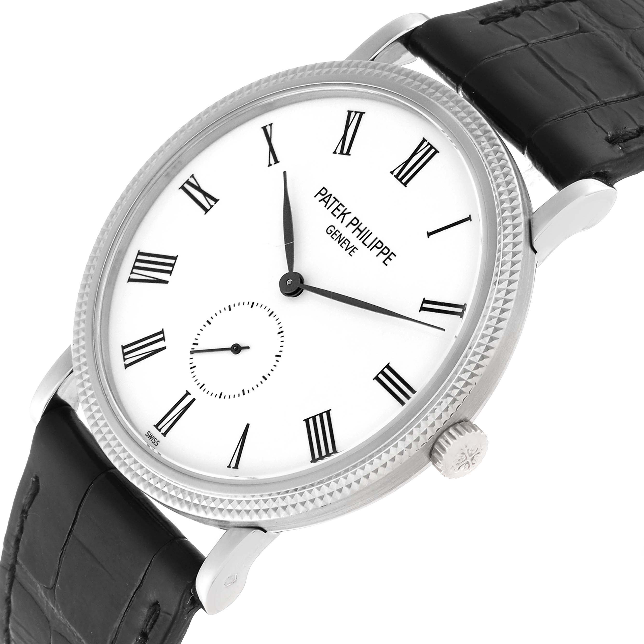 The image shows a Patek Philippe Calatrava 5119G-001 Men
s White Gold White Dial 5119G-001 Men
s White Gold White Dial watch at an angle displaying the face, bezel, crown, and strap.