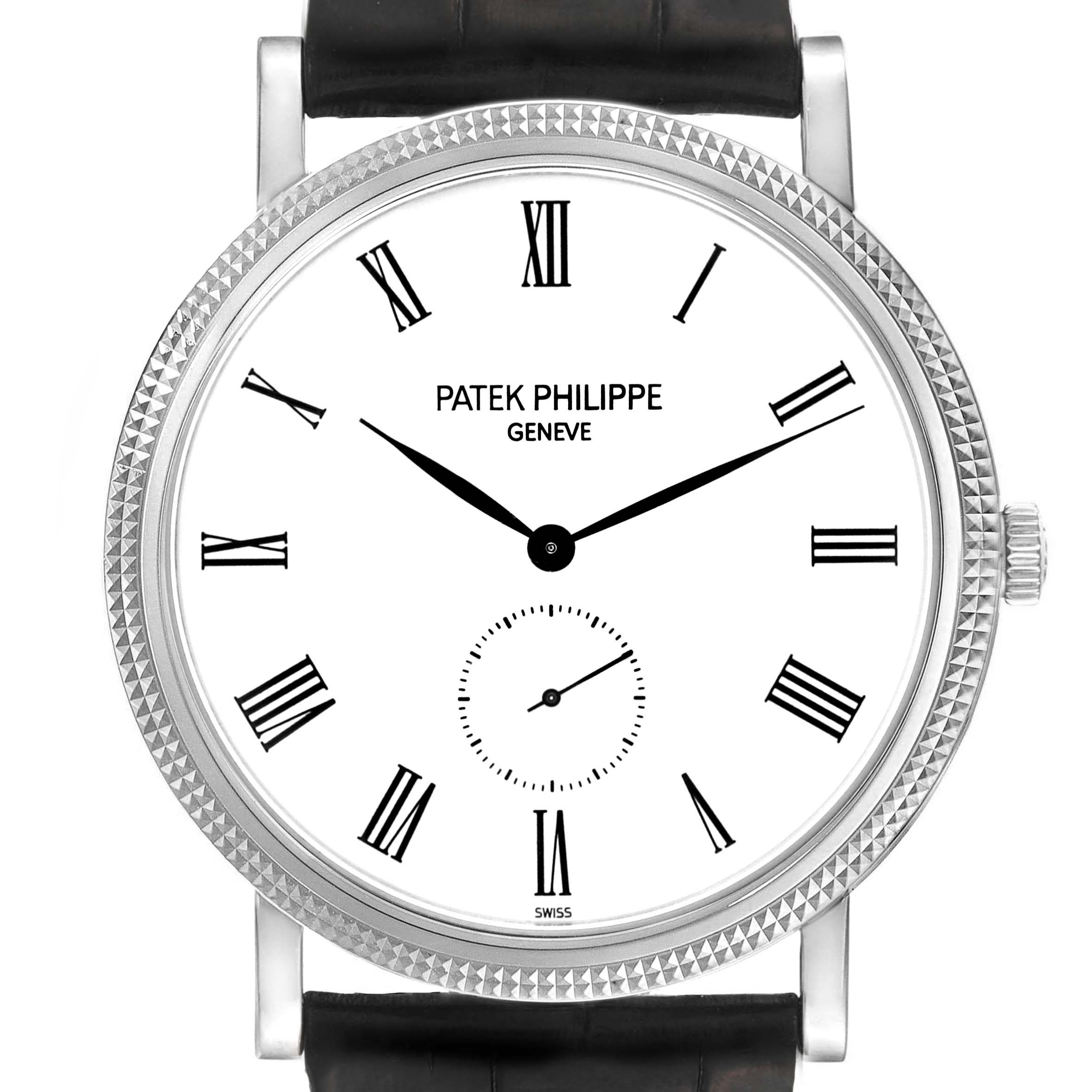 This image shows a front view of the Patek Philippe Calatrava 5119G-001 Men
s White Gold White Dial 5119G-001 Men
s White Gold White Dial watch, highlighting its dial, Roman numerals, and strap.