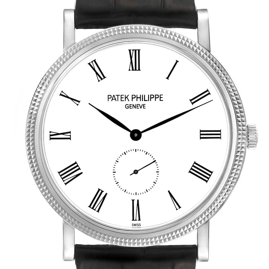 This image shows a front view of the Patek Philippe Calatrava watch, highlighting its dial, Roman numerals, and strap.