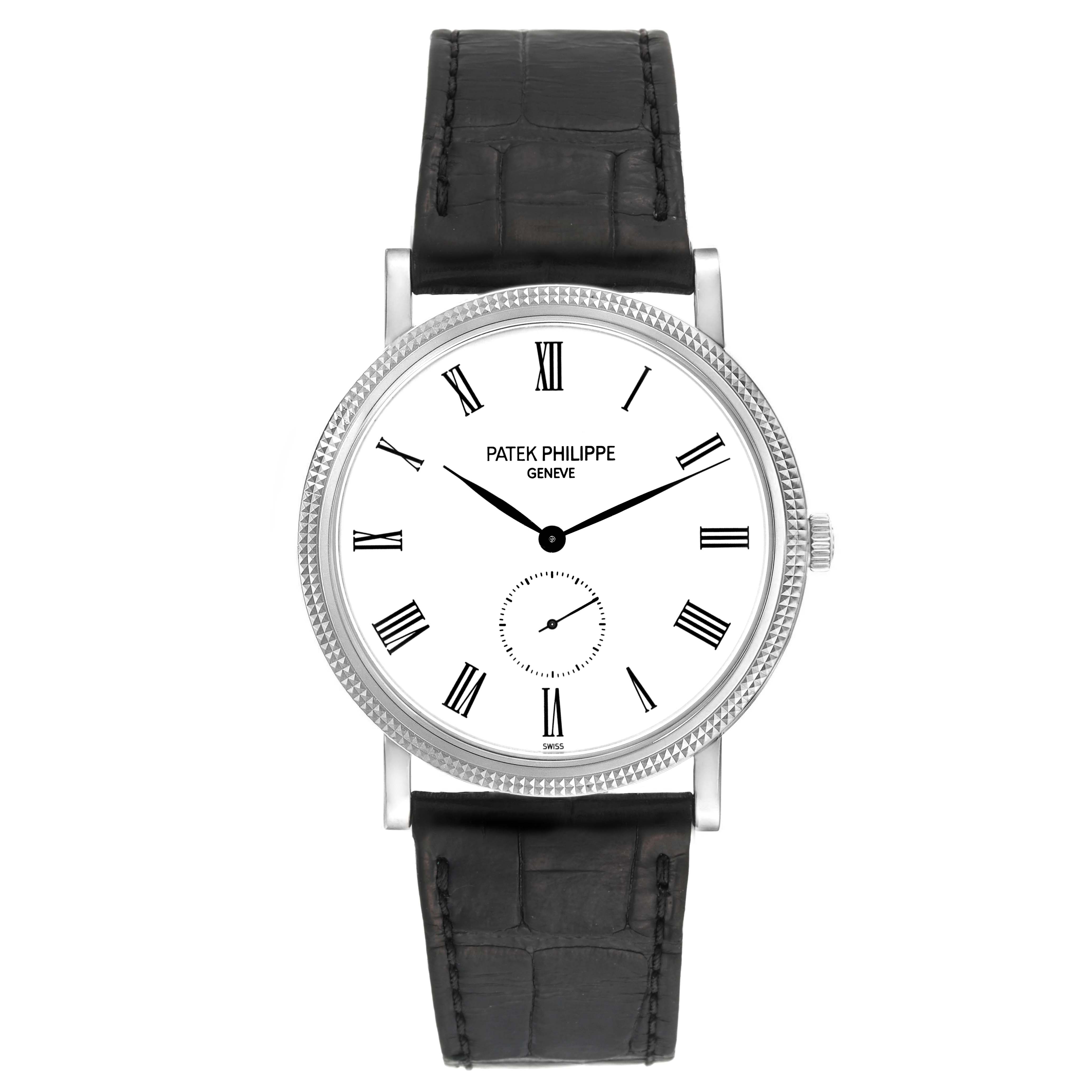 The image shows a front view of the Patek Philippe Calatrava 5119G-001 Men
s White Gold White Dial 5119G-001 Men
s White Gold White Dial watch with a black leather strap and a white dial.