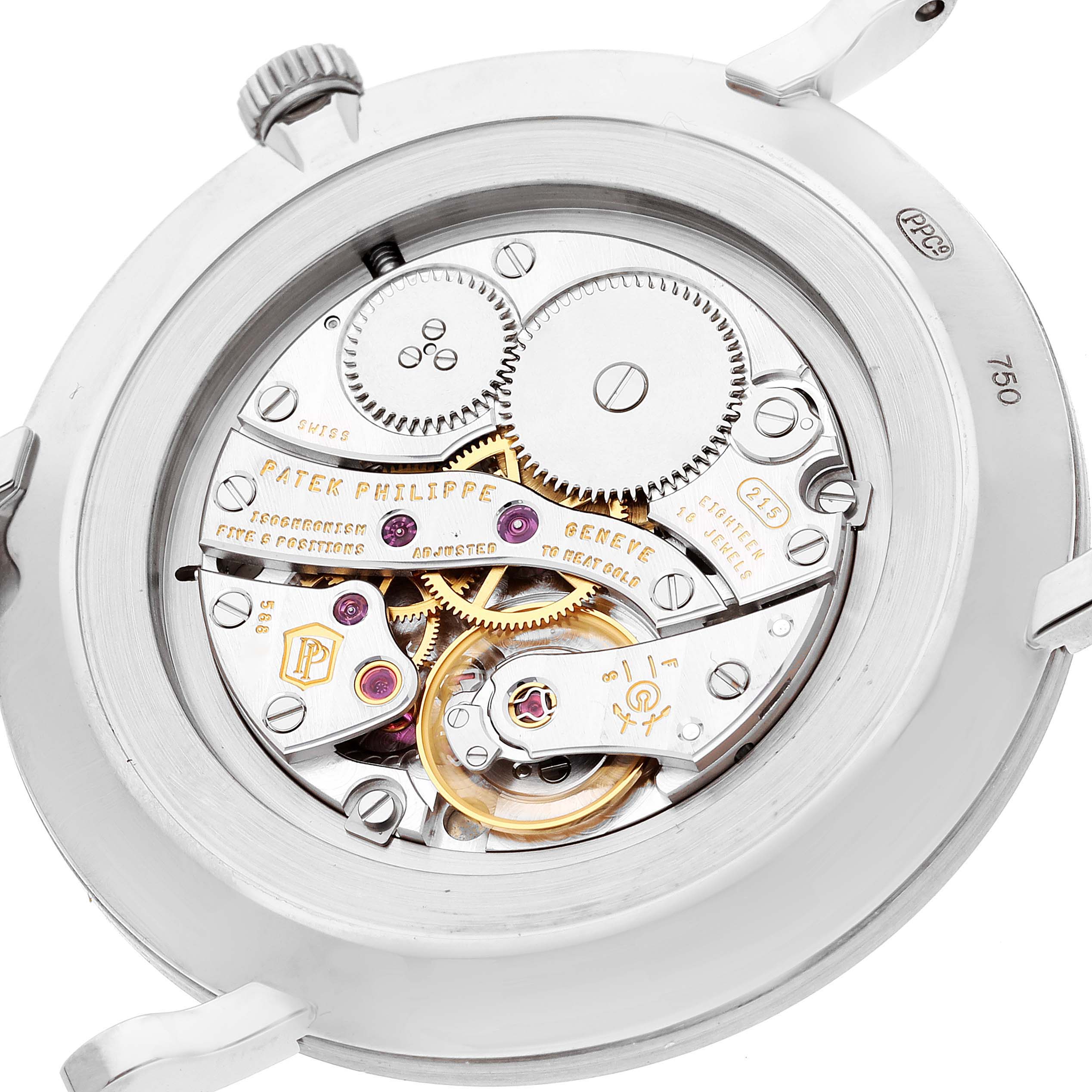 This is an image of the movement of a Patek Philippe Calatrava 5119G-001 Men
s White Gold White Dial 5119G-001 Men
s White Gold White Dial watch, viewed from the back.