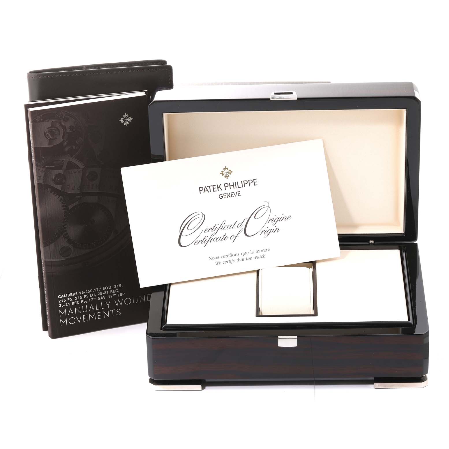 The image shows the packaging box, certificate of origin, and manual for the Patek Philippe Calatrava 5119G-001 Men
s White Gold White Dial 5119G-001 Men
s White Gold White Dial model watch.