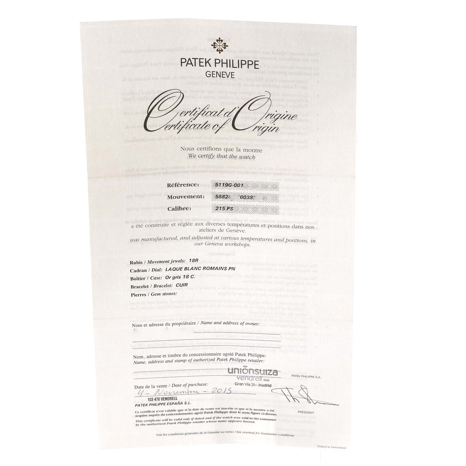 The image displays a Certificate of Origin for a Calatrava model by Patek Philippe, showing details like reference number, movement, and caliber.