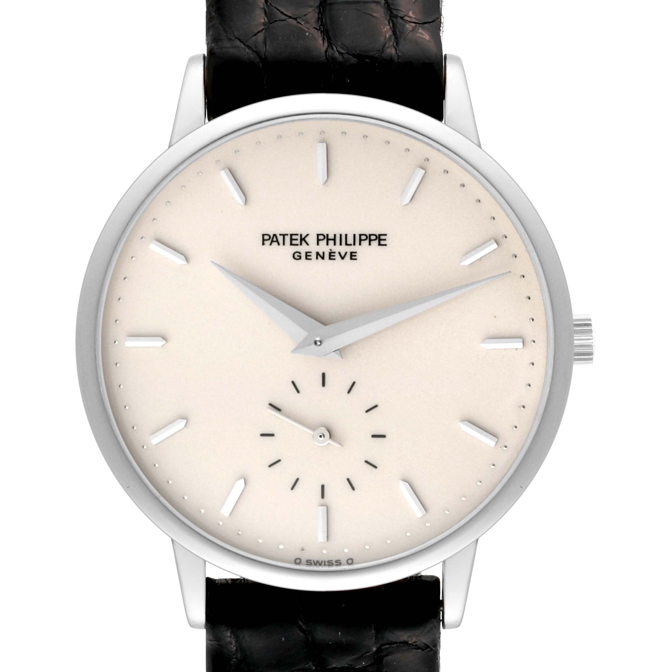 This image shows a front view of the Patek Philippe Calatrava 3893G Men
s White Gold White Dial 3893G Men
s White Gold White Dial watch, highlighting the dial, hour markers, hands, and crown.