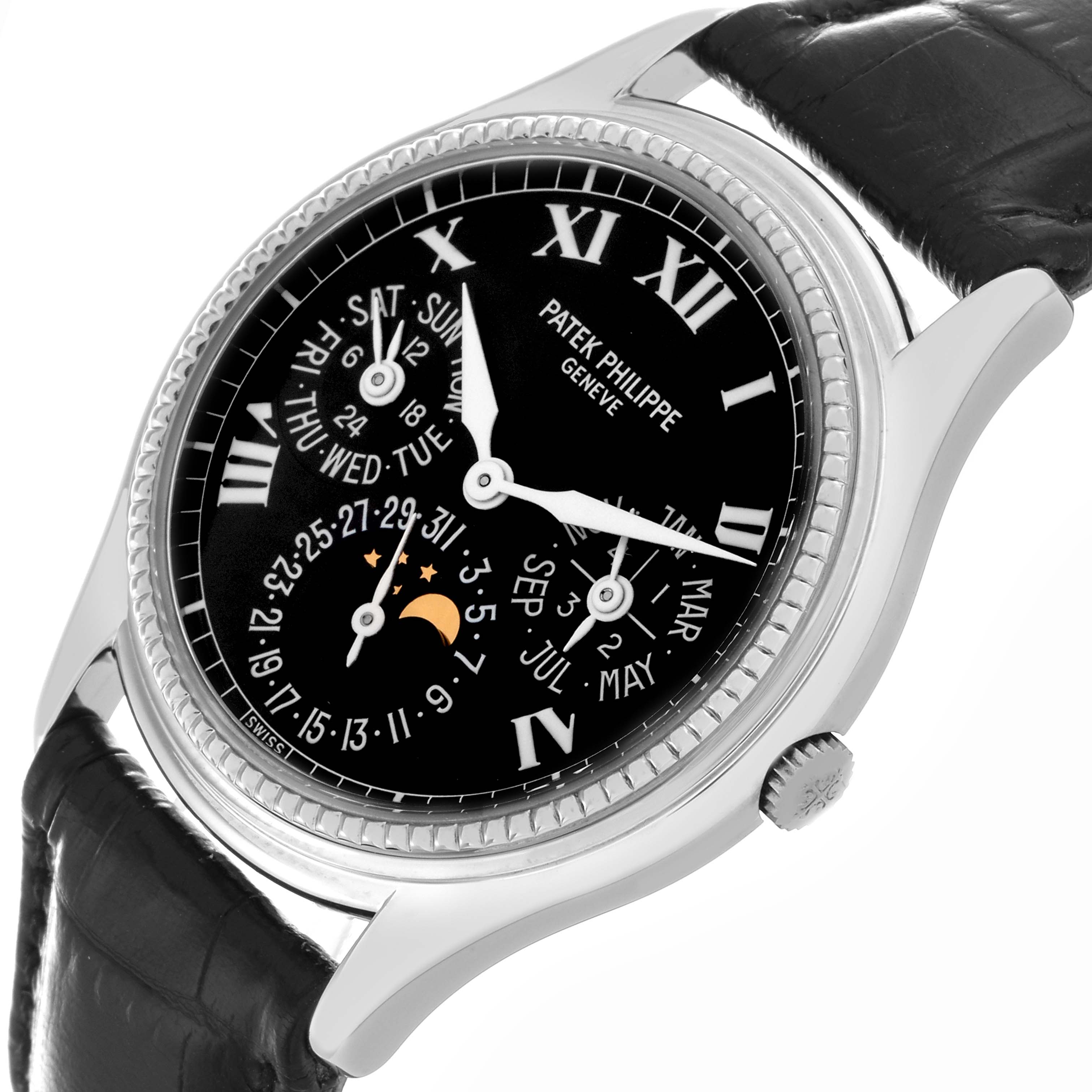 The Patek Philippe Complications 5038G Men
s White Gold Black Dial 5038G Men
s White Gold Black Dial watch is shown at a slight angle, displaying its face, bezel, lugs, strap, and crown.