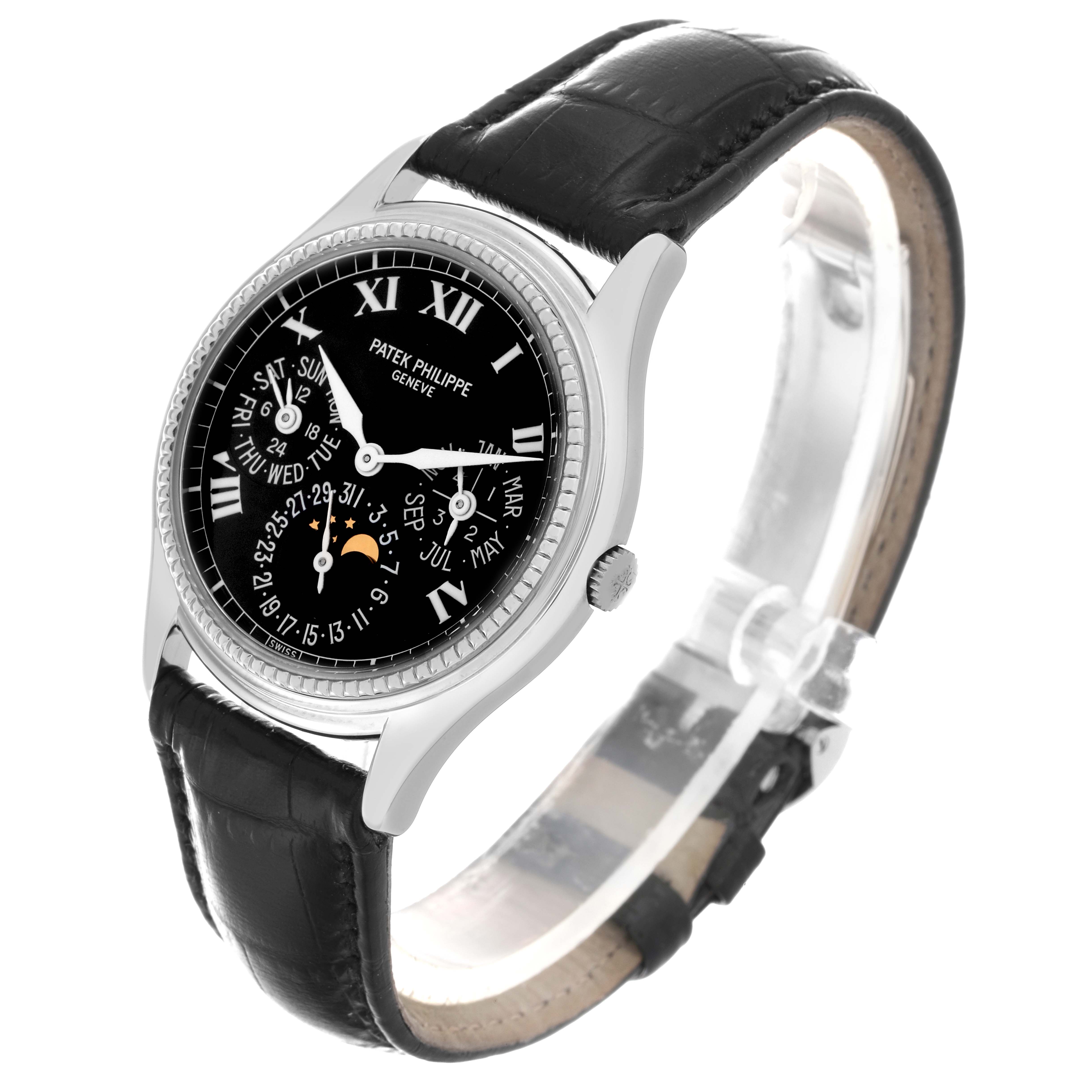 The image shows a Patek Philippe Complications 5038G Men
s White Gold Black Dial 5038G Men
s White Gold Black Dial watch at a three-quarter angle, highlighting the face, case, and leather strap.