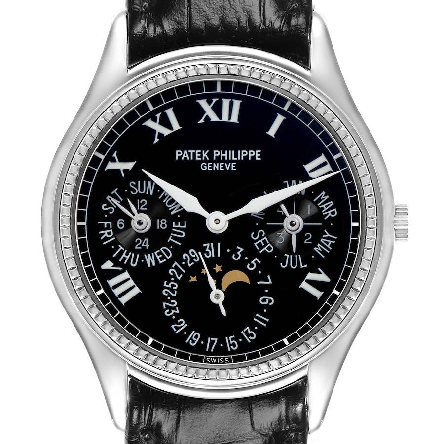 The Patek Philippe Complications watch is shown from a front angle, displaying the dial with Roman numerals, subdials, and moon phase.