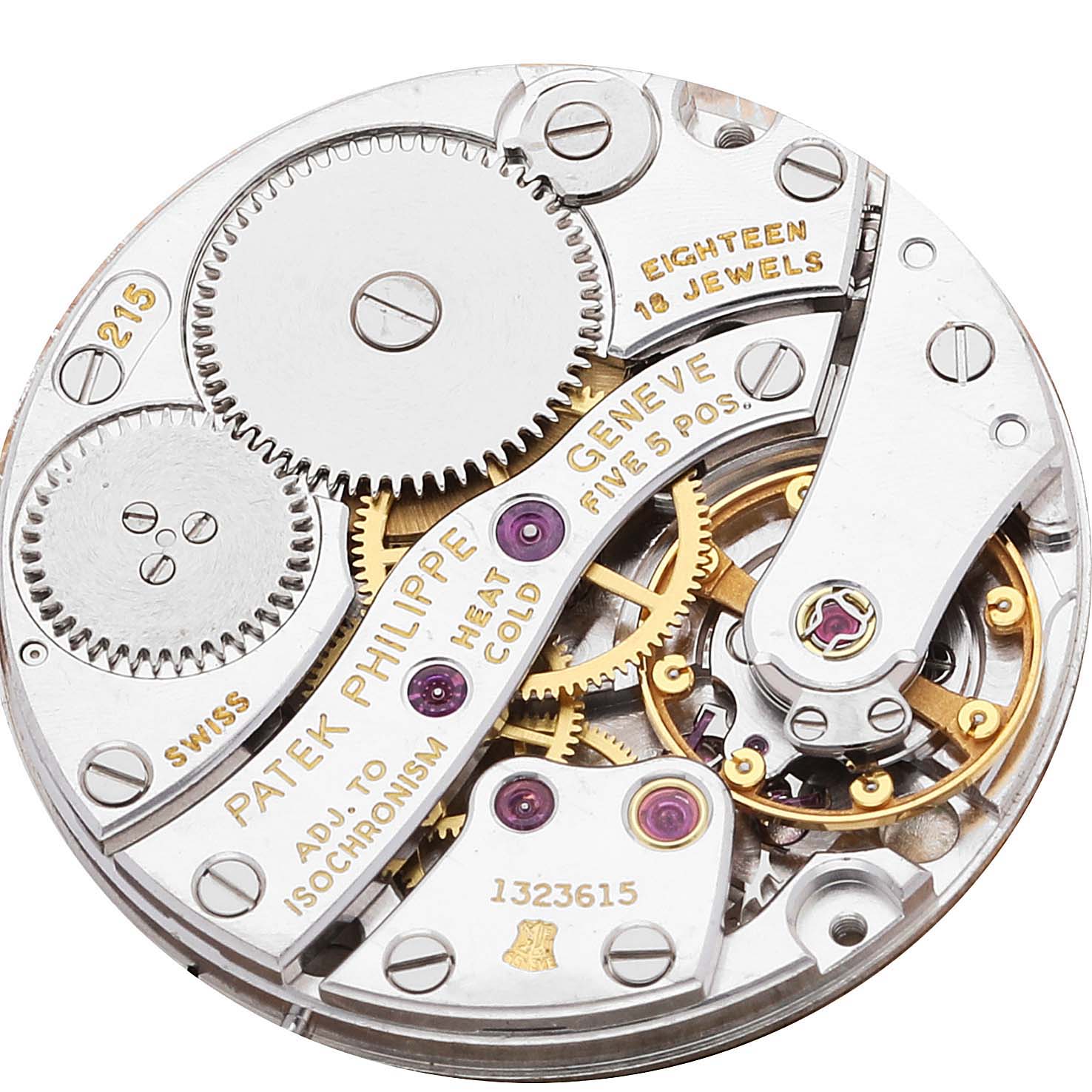 The image shows the movement mechanism of a Vintage model by Patek Philippe from a back angle.