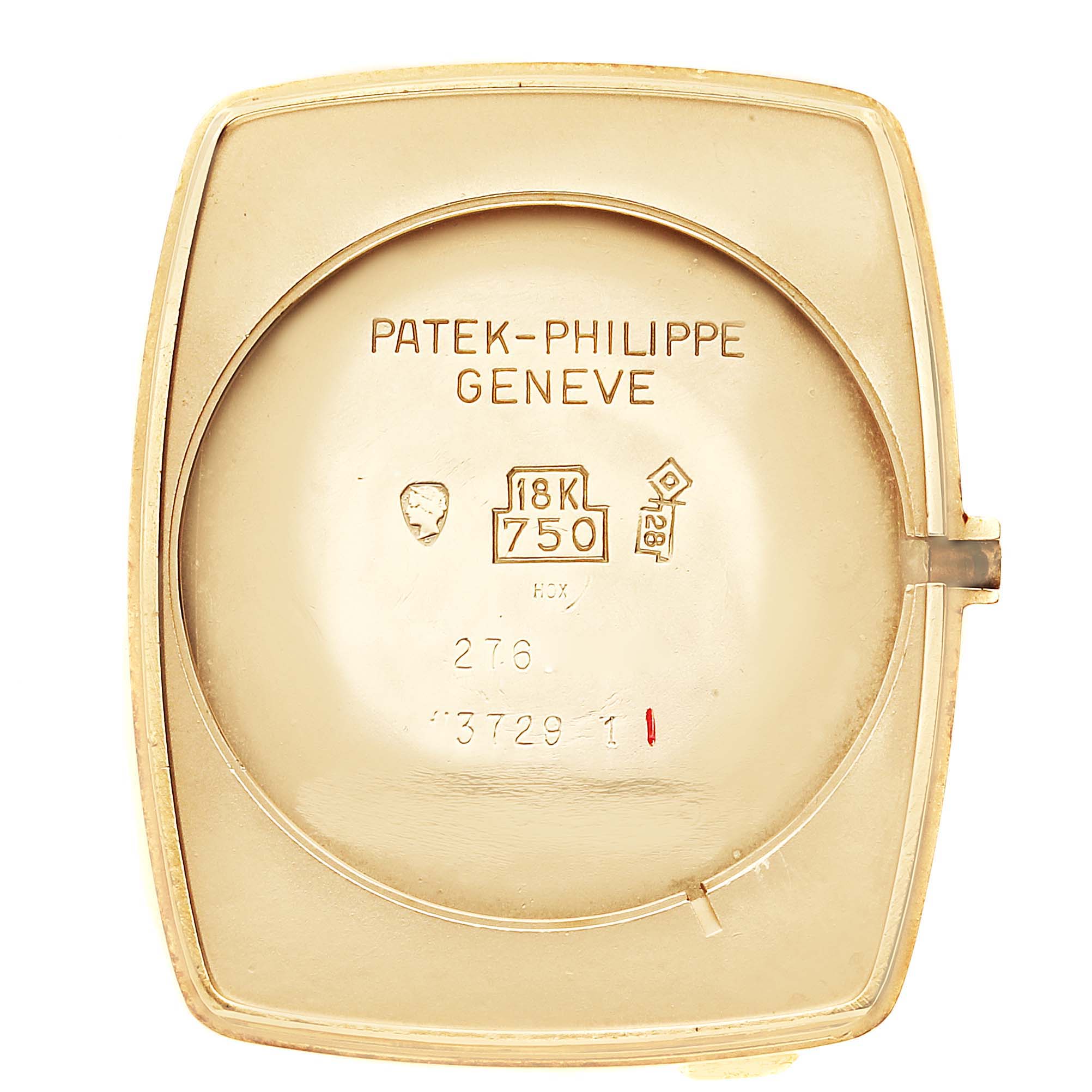The image shows the back cover of a Patek Philippe Vintage 3729/1 Men's Yellow Gold Black Dial 3729/1 Men's Yellow Gold Black Dial watch, displaying brand details, material composition, and serial numbers.