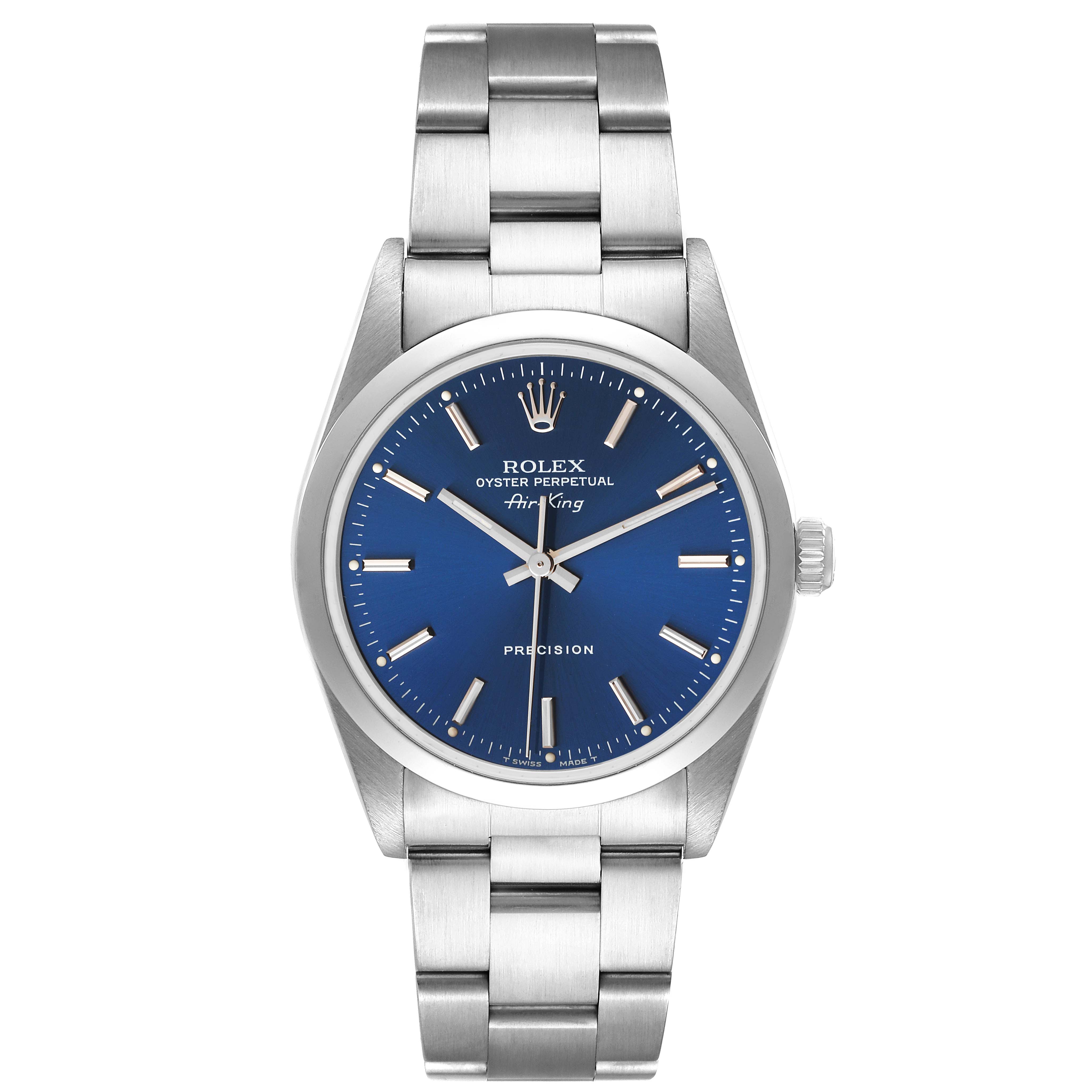 The image shows a front view of a Rolex Air-King 14000 Men's Stainless Steel Blue Dial 14000 Men's Stainless Steel Blue Dial watch, highlighting its blue dial, silver markers, and stainless steel bracelet.