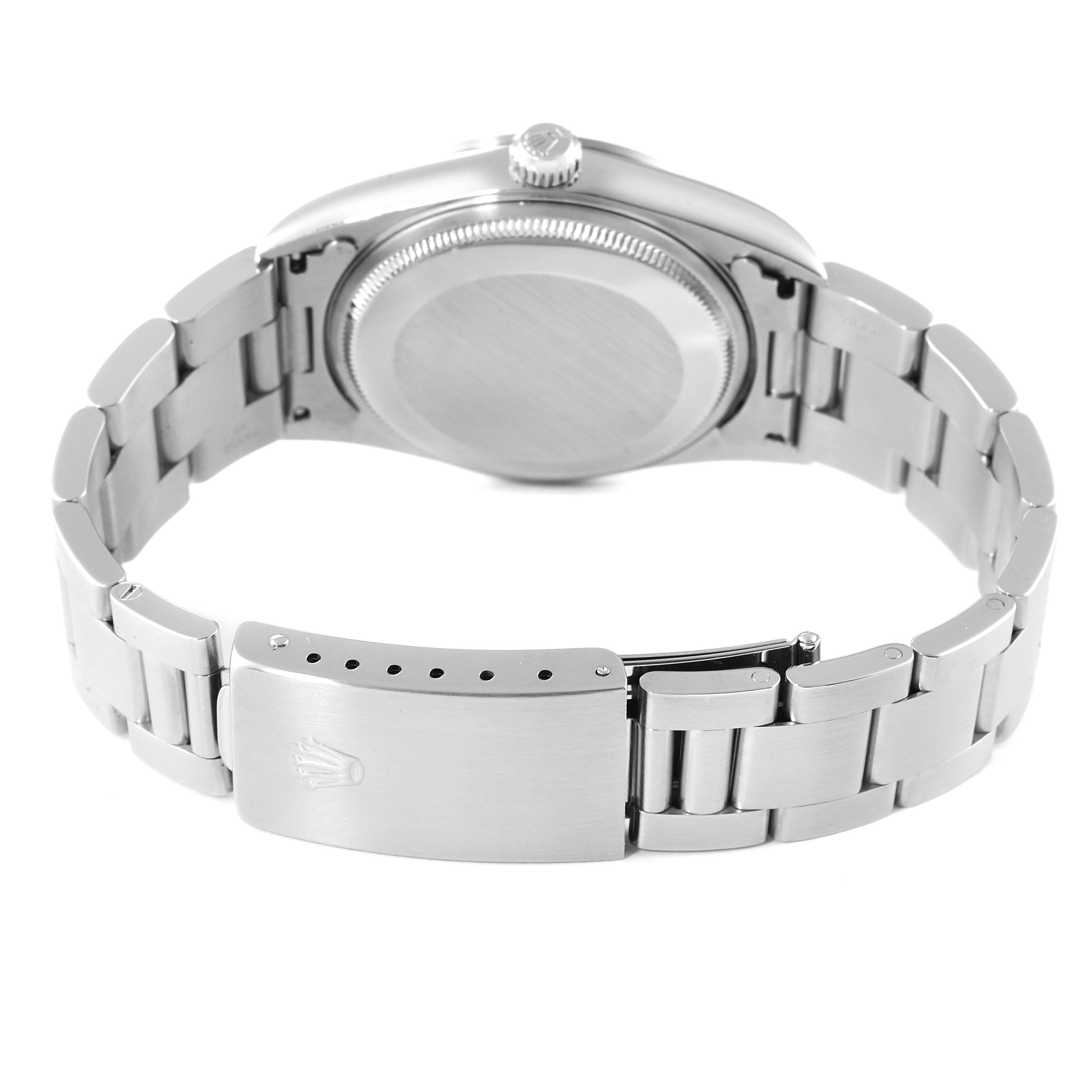 The image shows the back and clasp of the Rolex Air-King 14000 Men's Stainless Steel Blue Dial 14000 Men's Stainless Steel Blue Dial watch at a slight angle.