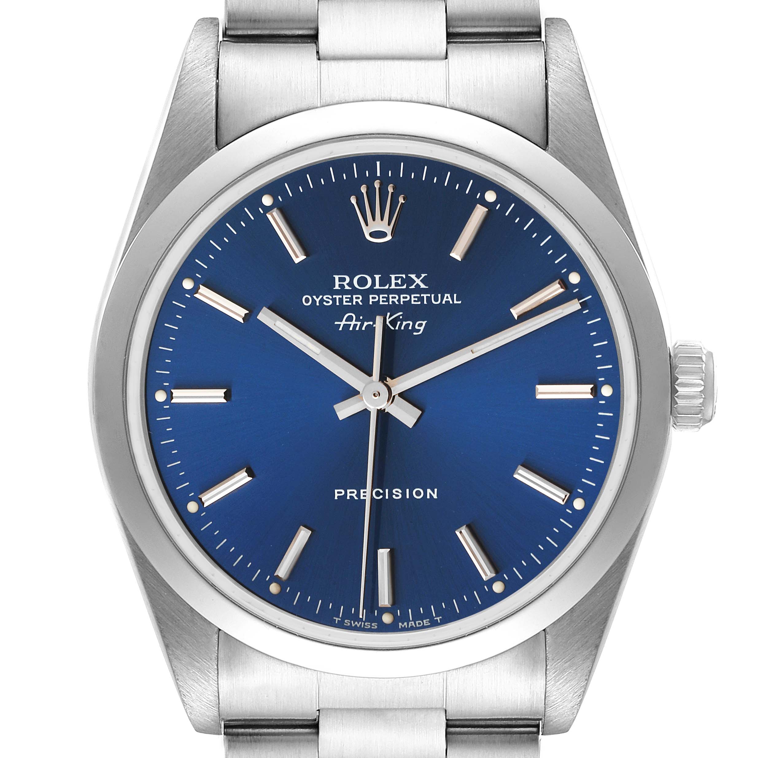 The image shows a front view of a Rolex Air-King 14000 Men's Stainless Steel Blue Dial 14000 Men's Stainless Steel Blue Dial watch, highlighting its dial, hands, and bezel.