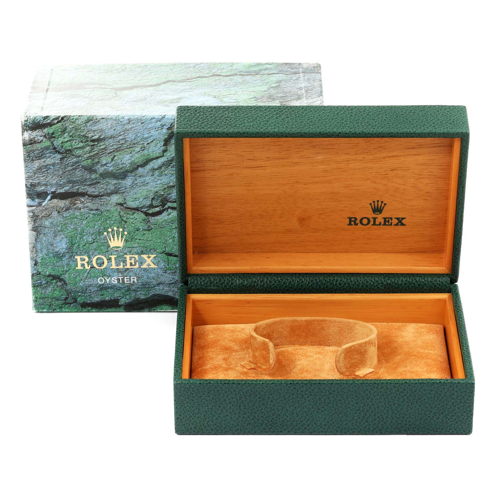 The image shows an open Rolex Air-King 14000 Men's Stainless Steel Blue Dial 14000 Men's Stainless Steel Blue Dial watch box and its outer box, displaying the logo and slots for the watch.