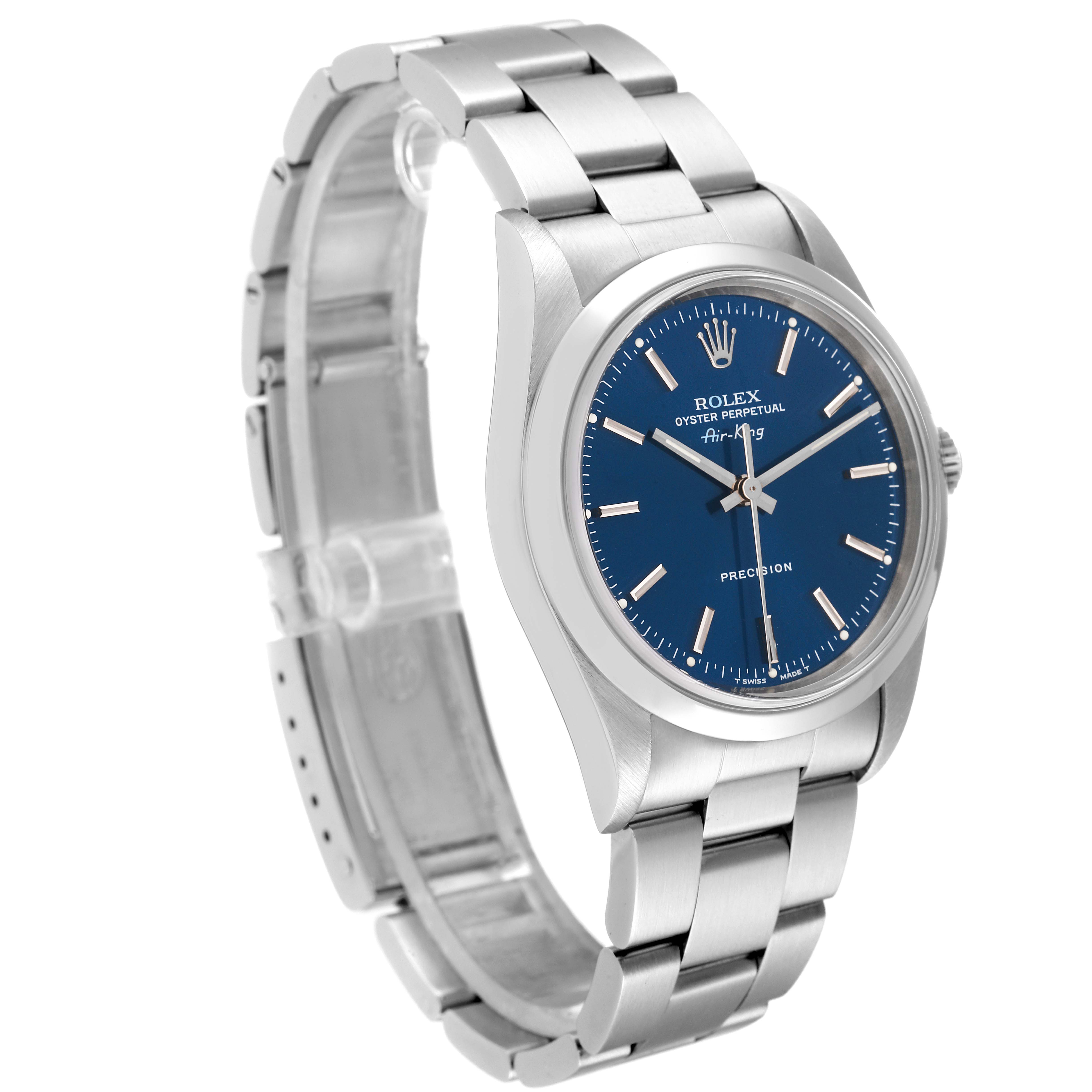 The Rolex Air-King 14000 Men's Stainless Steel Blue Dial 14000 Men's Stainless Steel Blue Dial watch is shown at a three-quarter angle, displaying its blue dial, metal case, and the full length of its bracelet.