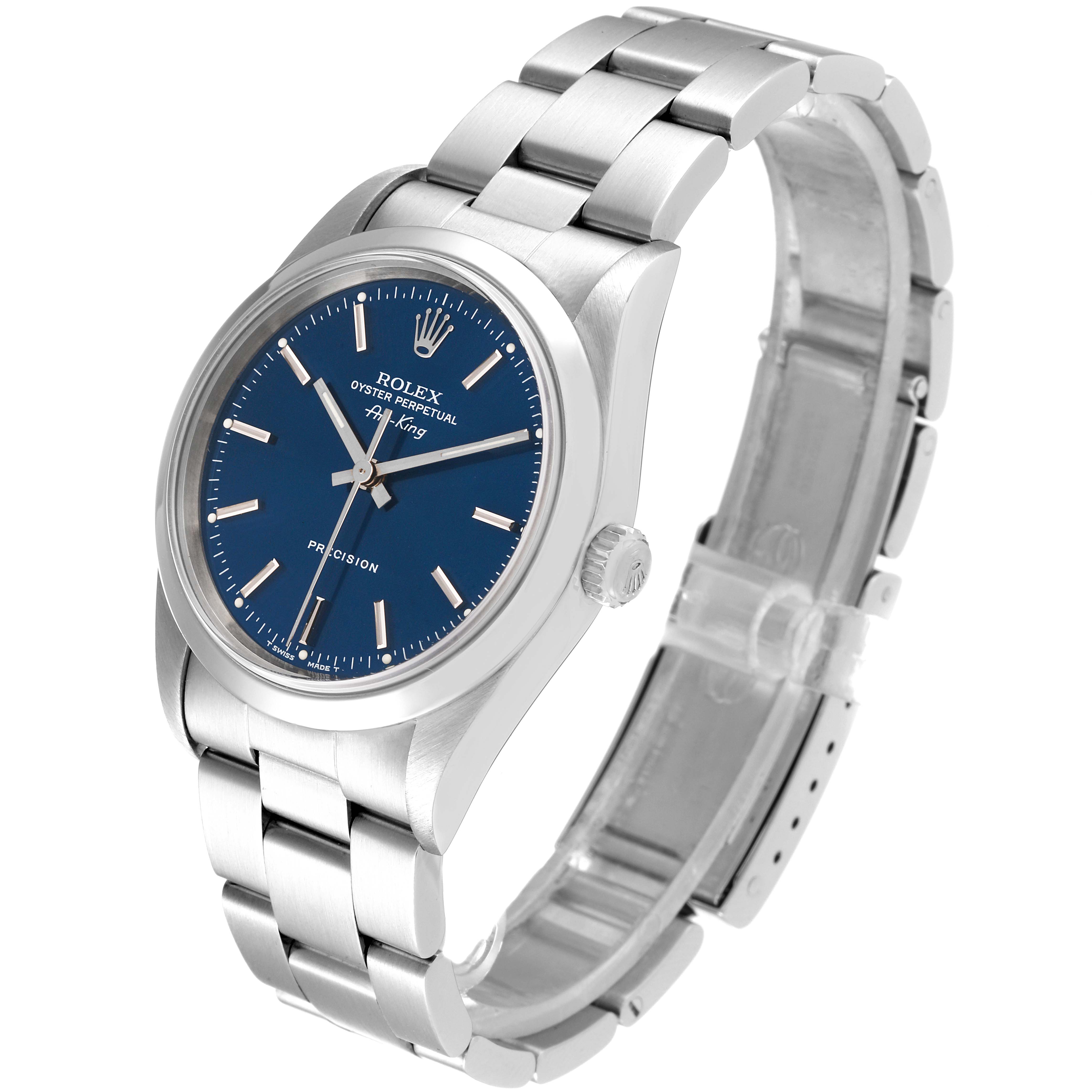 The image shows a Rolex Air-King 14000 Men's Stainless Steel Blue Dial 14000 Men's Stainless Steel Blue Dial watch with a blue dial, stainless steel case, and oyster bracelet, viewed from a three-quarter angle.