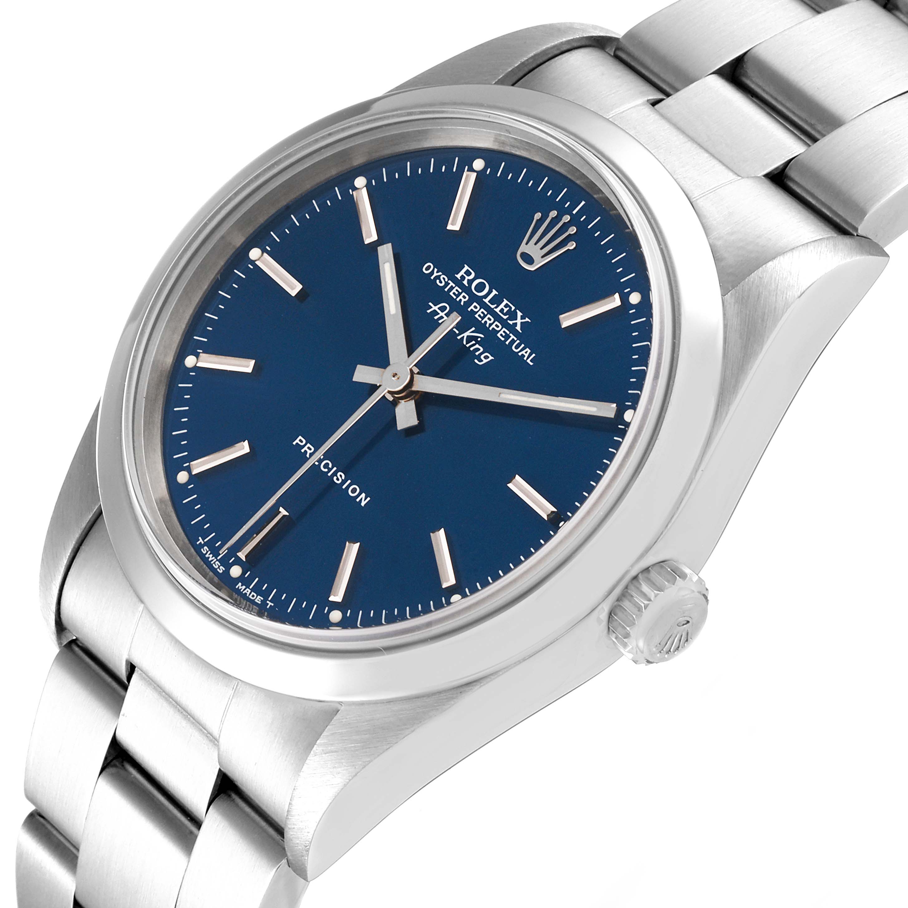 The image shows the face, bezel, crown, and bracelet of a Rolex Air-King 14000 Men's Stainless Steel Blue Dial 14000 Men's Stainless Steel Blue Dial watch at a slight angle.