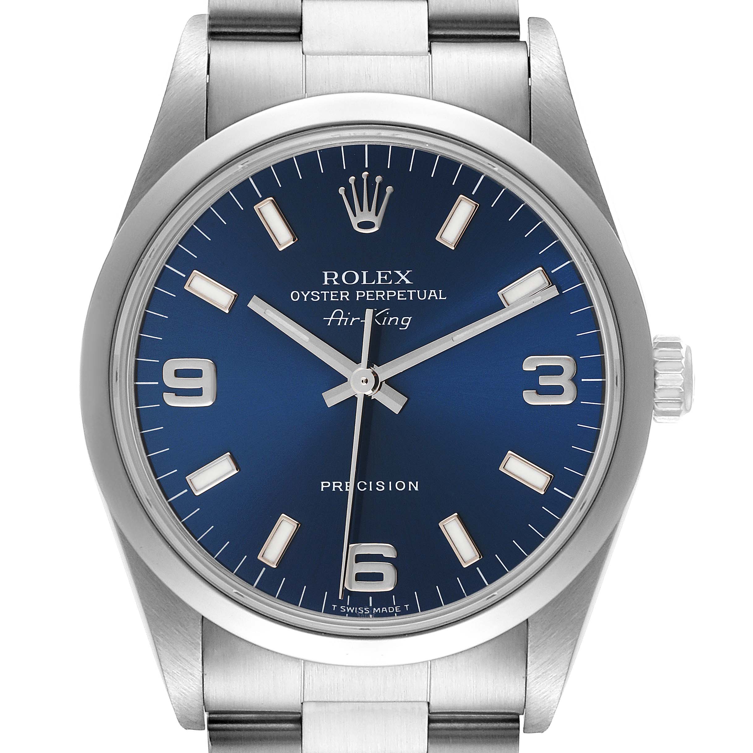 This image shows a front view of the Rolex Air-King 14000 Men's Stainless Steel Blue Dial 14000 Men's Stainless Steel Blue Dial watch, highlighting its blue dial, hour markers, hands, and stainless steel bracelet.