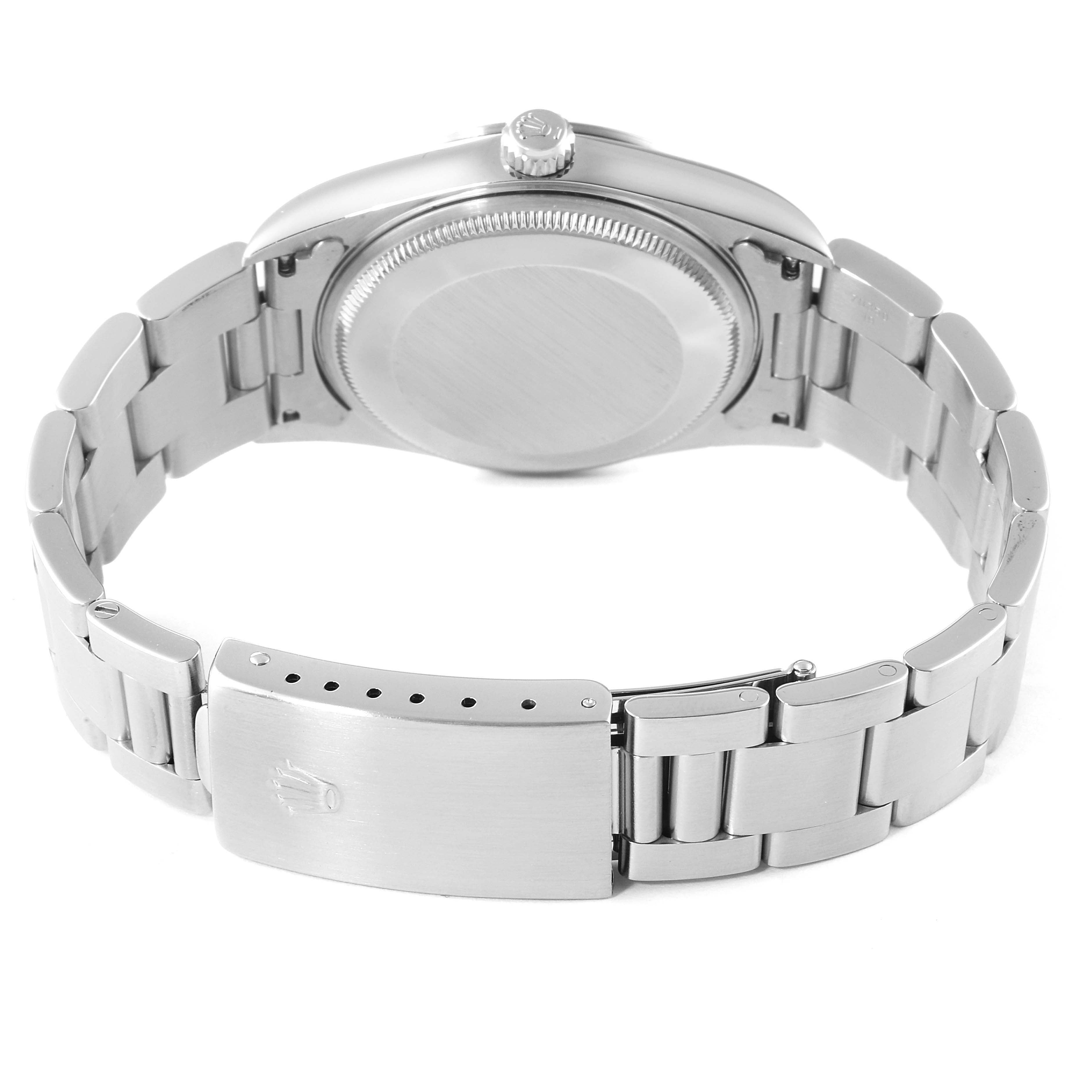 The image shows the back view of the Rolex Air-King 14000 Men's Stainless Steel Blue Dial 14000 Men's Stainless Steel Blue Dial watch, including the case back, crown, and bracelet clasp.