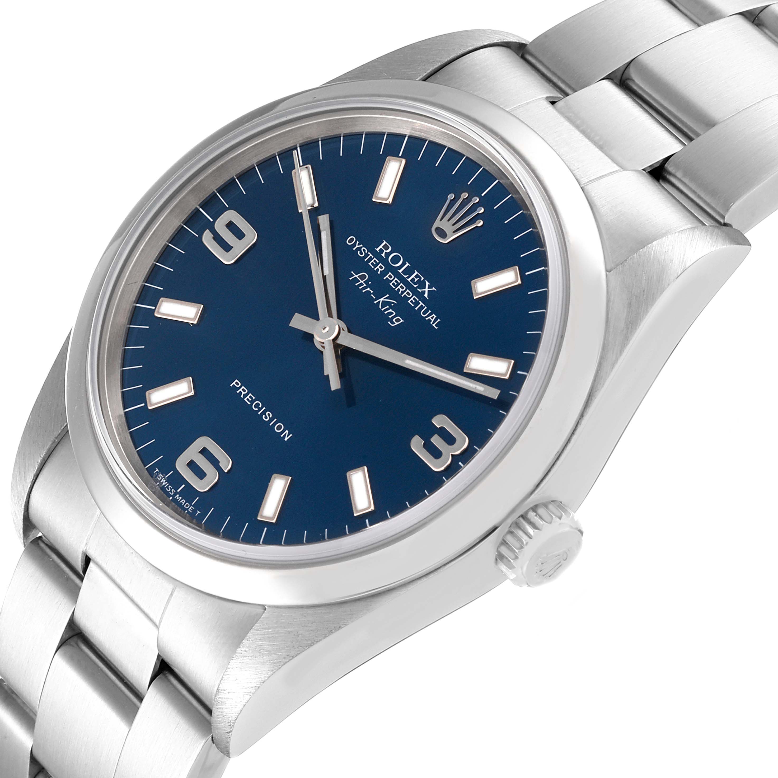 The image shows a Rolex Air-King 14000 Men's Stainless Steel Blue Dial 14000 Men's Stainless Steel Blue Dial watch from an angled side view, displaying the face, crown, and part of the metal band.