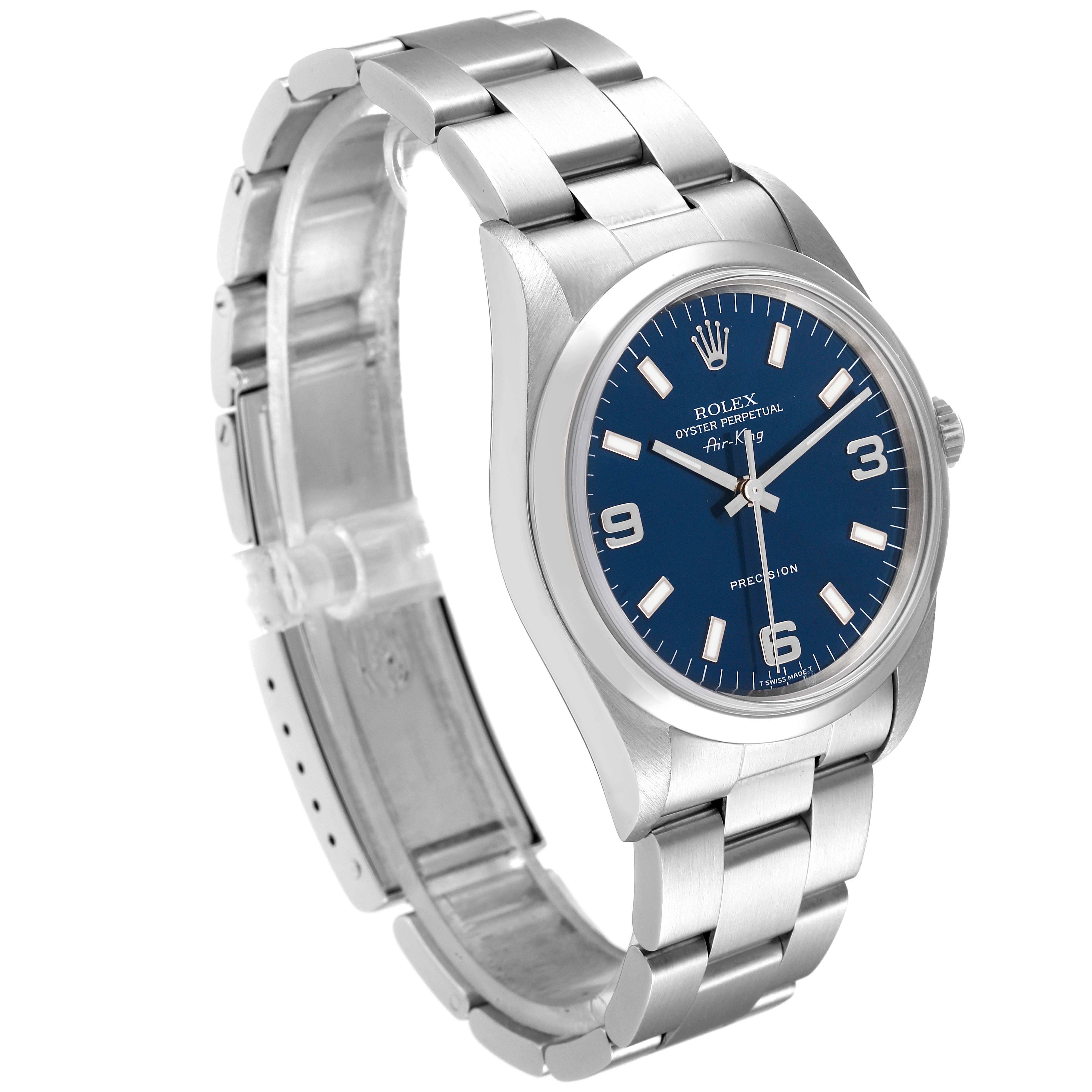 The Rolex Air-King 14000 Men's Stainless Steel Blue Dial 14000 Men's Stainless Steel Blue Dial watch is shown at a 3/4 angle, highlighting its blue dial and stainless steel bracelet.