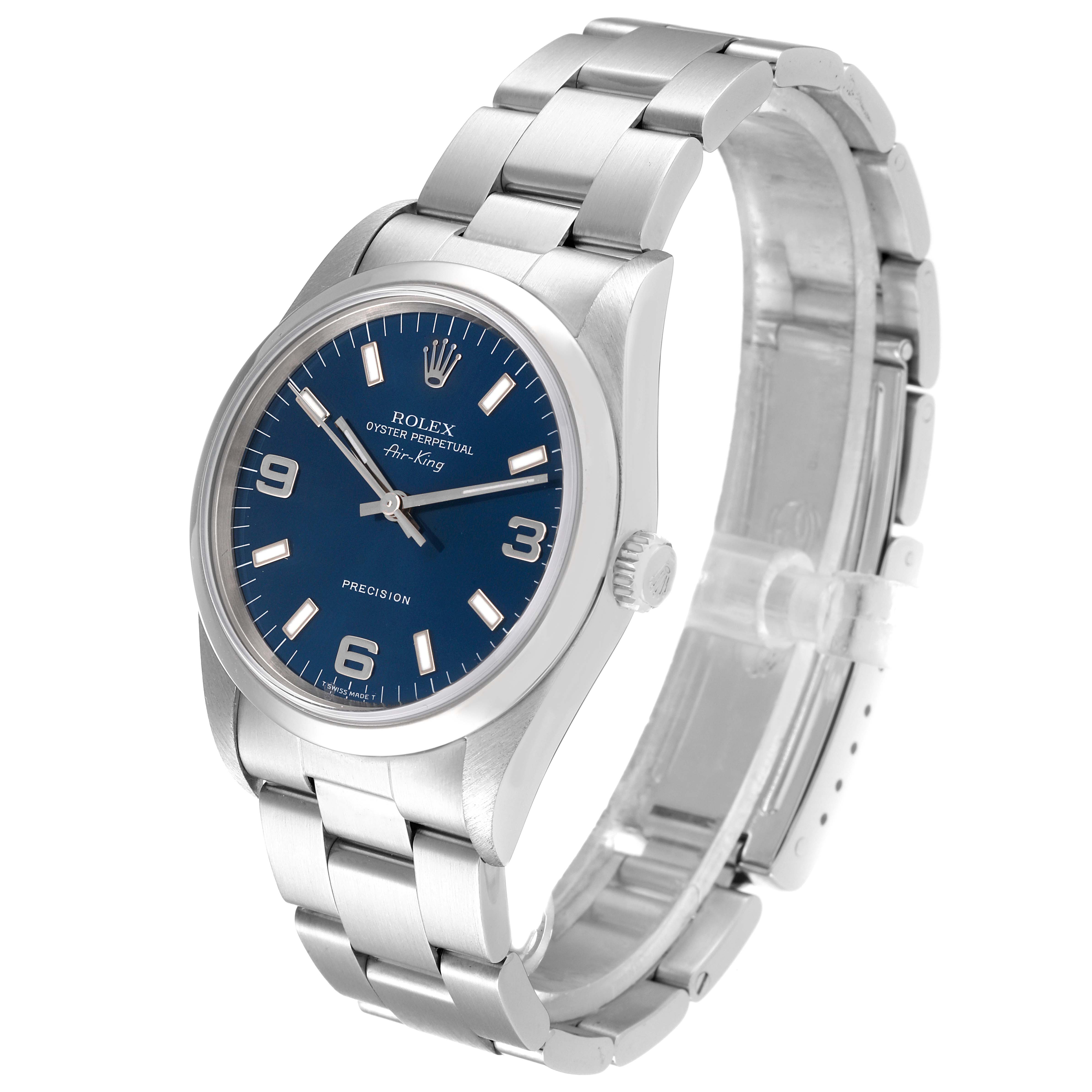 This image shows a Rolex Air-King 14000 Men's Stainless Steel Blue Dial 14000 Men's Stainless Steel Blue Dial watch angled from the front-left, highlighting the dial, case, and part of the bracelet.
