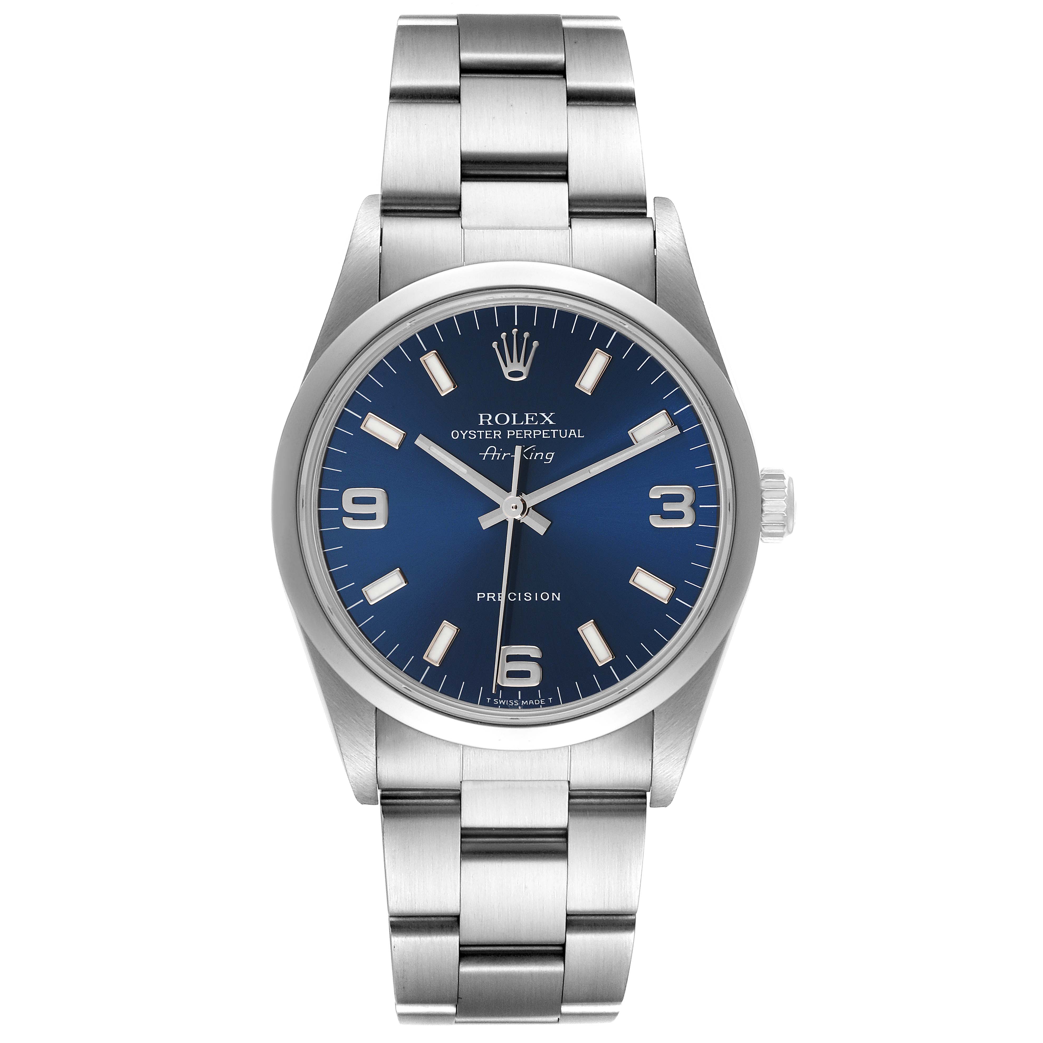 The Rolex Air-King 14000 Men's Stainless Steel Blue Dial 14000 Men's Stainless Steel Blue Dial watch is shown from a front angle, highlighting the dial, case, and bracelet.
