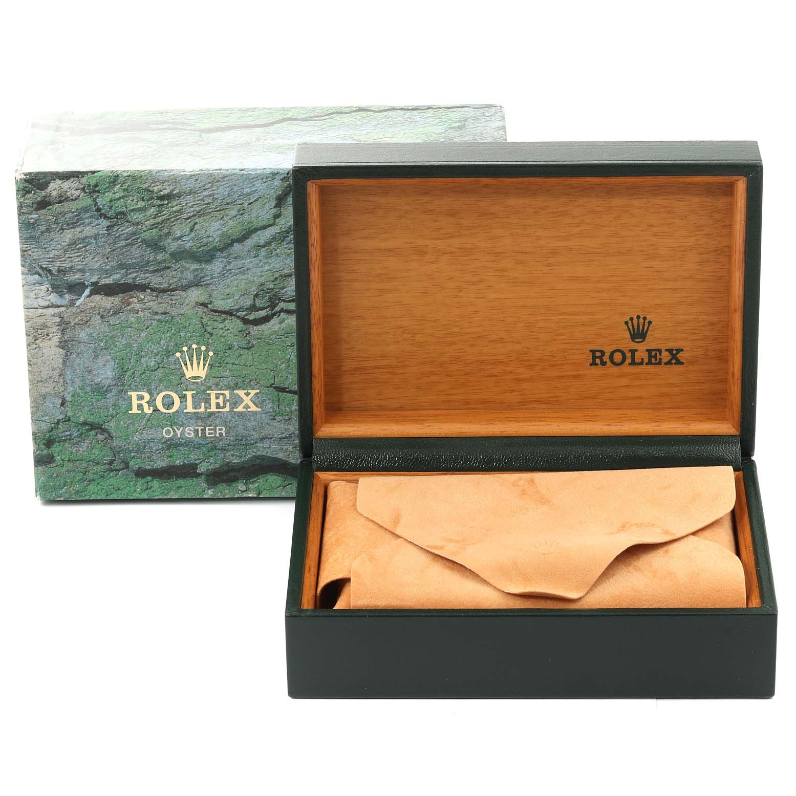 The image shows a Rolex Air-King 14000 Men's Stainless Steel Blue Dial 14000 Men's Stainless Steel Blue Dial watch box and a green external box, photographed from a front angle.