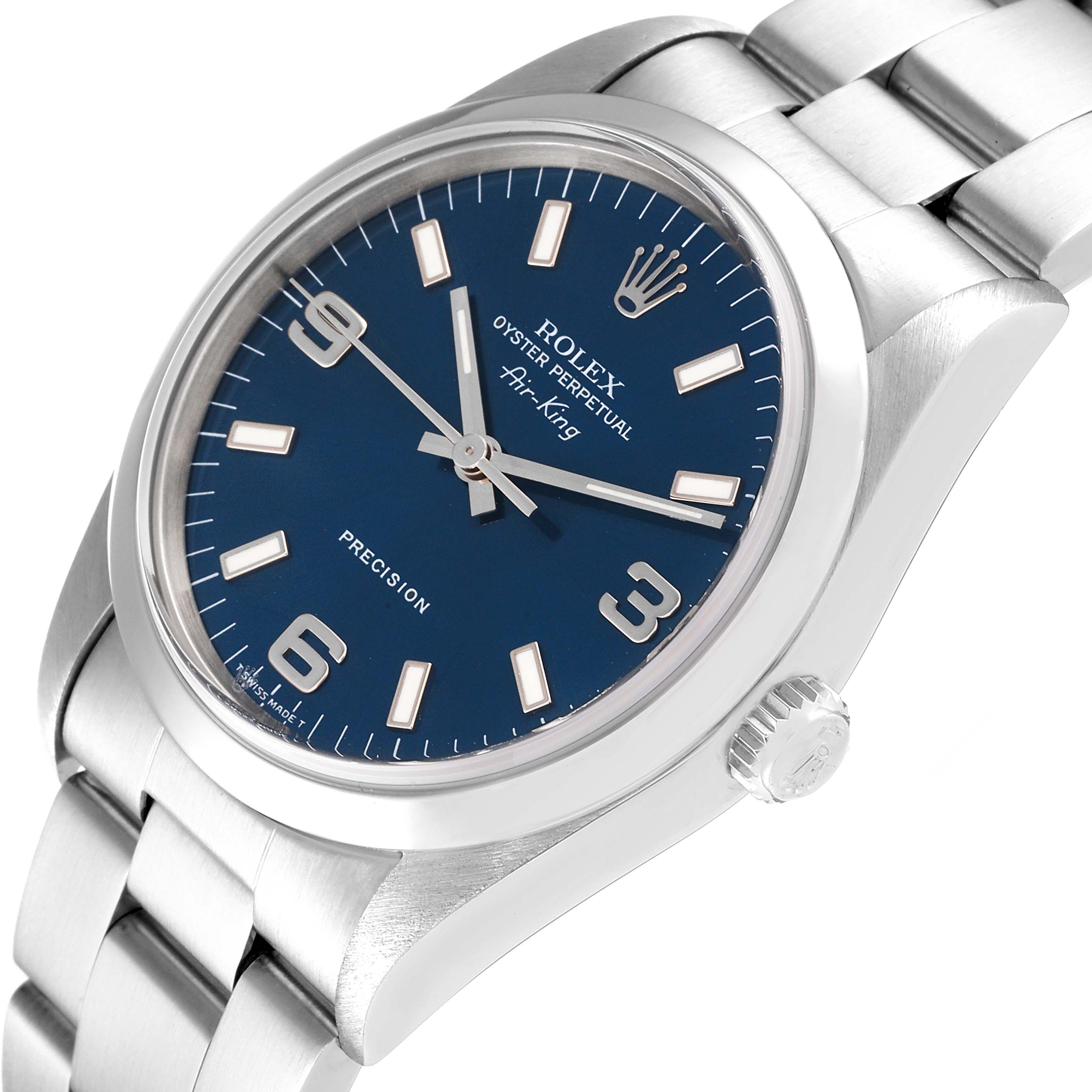 The Rolex Air-King 14000 Men's Stainless Steel Blue Dial 14000 Men's Stainless Steel Blue Dial watch is shown from an angled side view, displaying its dial, bezel, crown, and part of the bracelet.