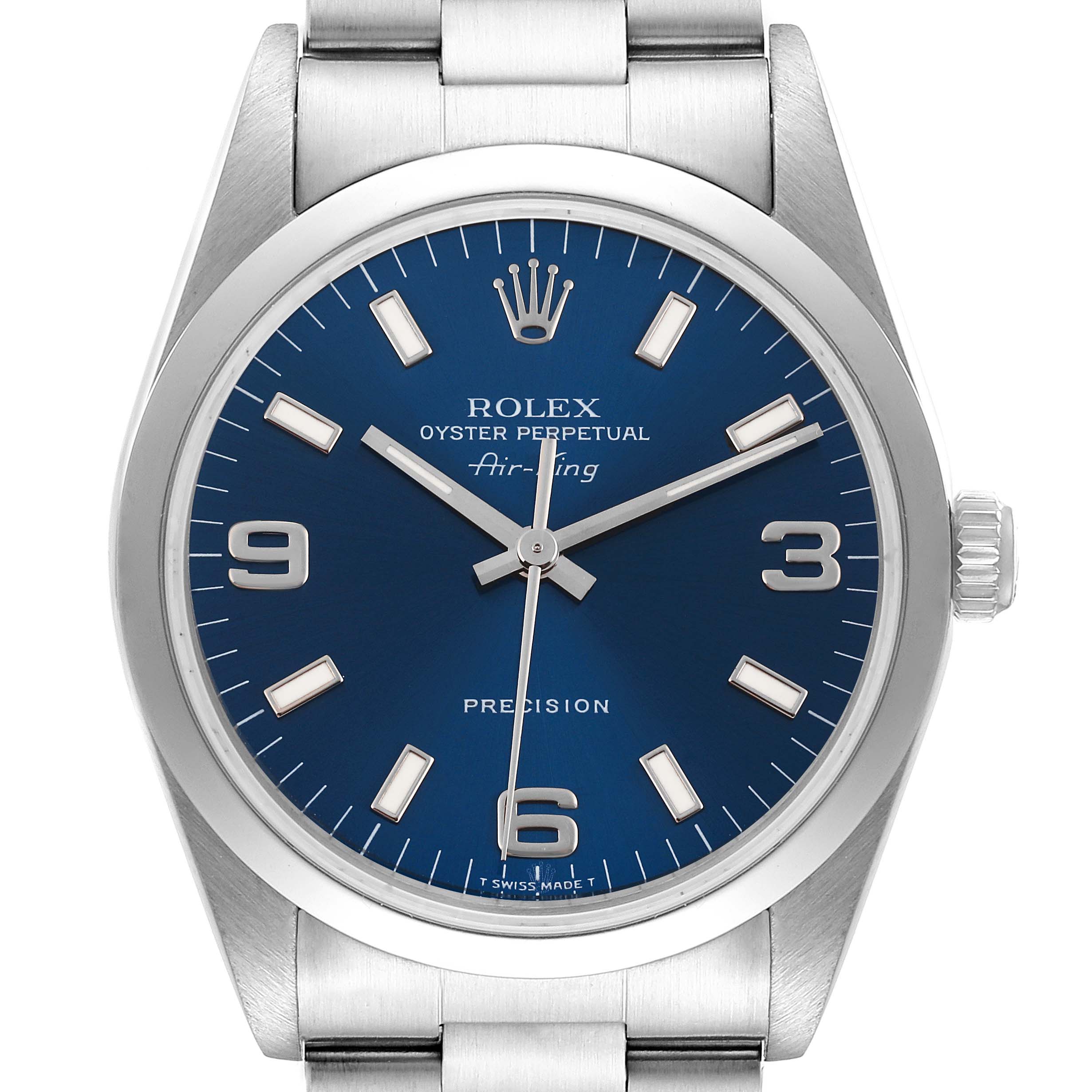 This image shows a front view of the Rolex Air-King 14000 Men's Stainless Steel Blue Dial 14000 Men's Stainless Steel Blue Dial watch displaying its dial, crown, and part of the bracelet.