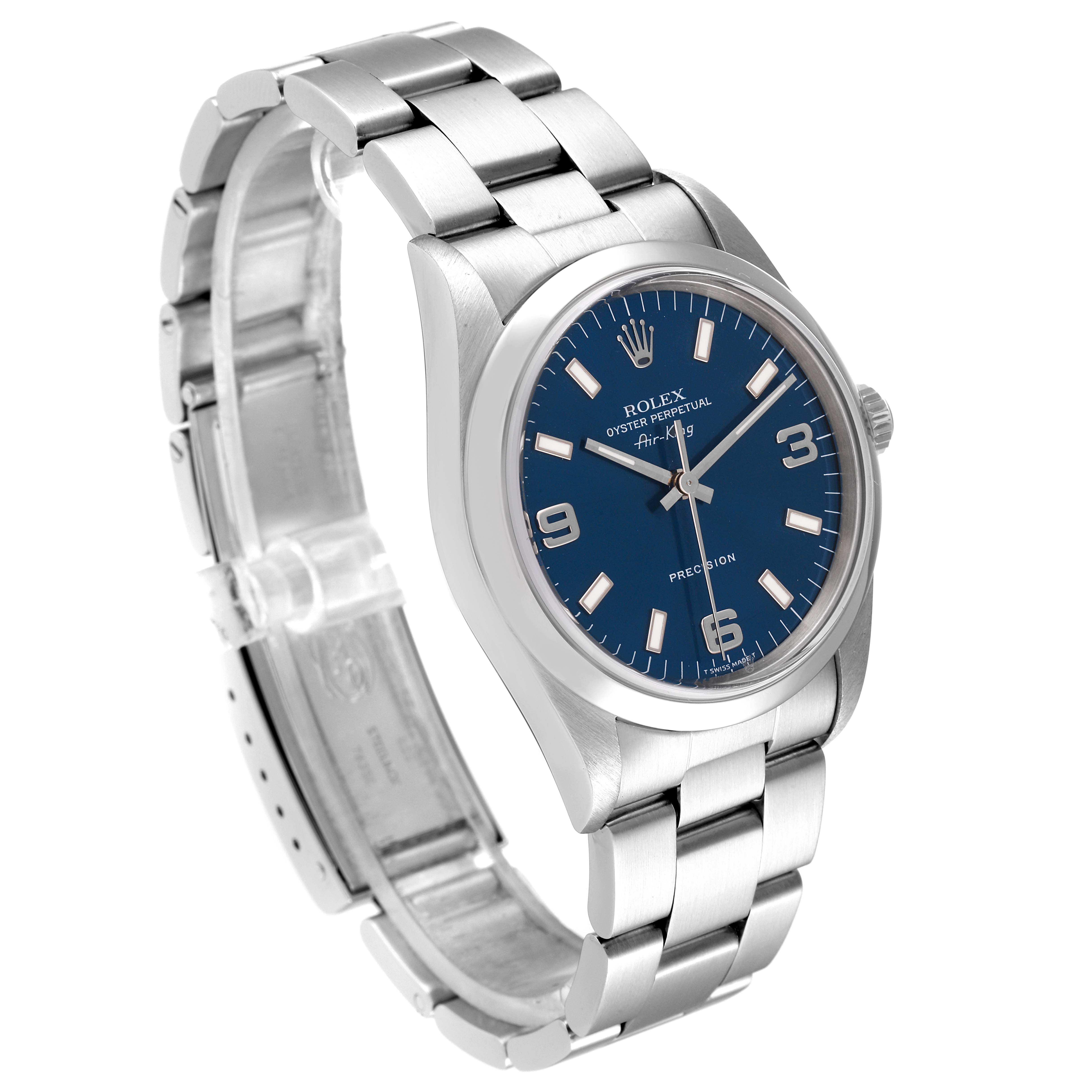 The image shows a Rolex Air-King 14000 Men's Stainless Steel Blue Dial 14000 Men's Stainless Steel Blue Dial watch at an angled view, highlighting its blue dial, stainless steel case, and bracelet.