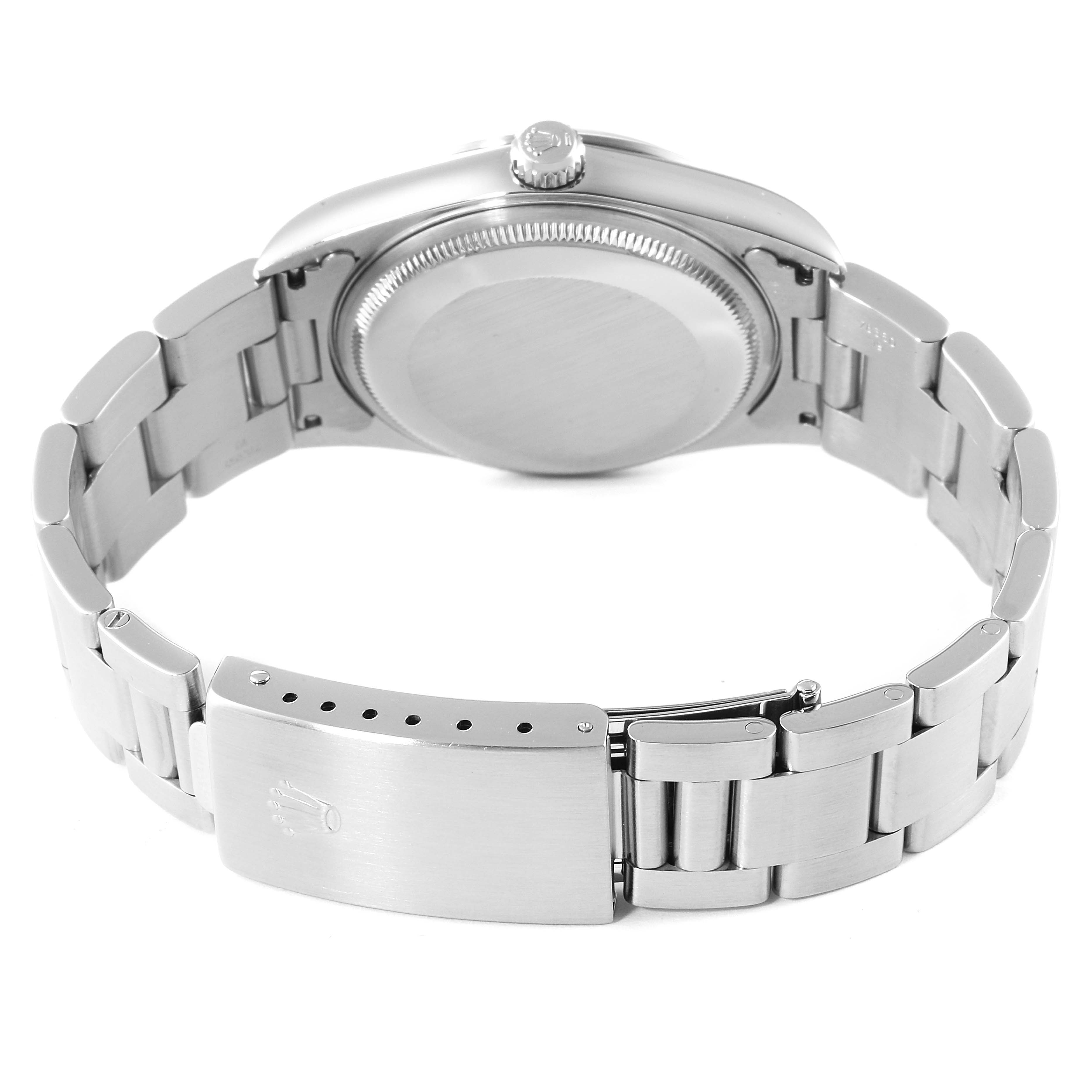 The image shows the back view of a Rolex Air-King 14000 Men's Stainless Steel Blue Dial 14000 Men's Stainless Steel Blue Dial watch, highlighting its case back and clasp.