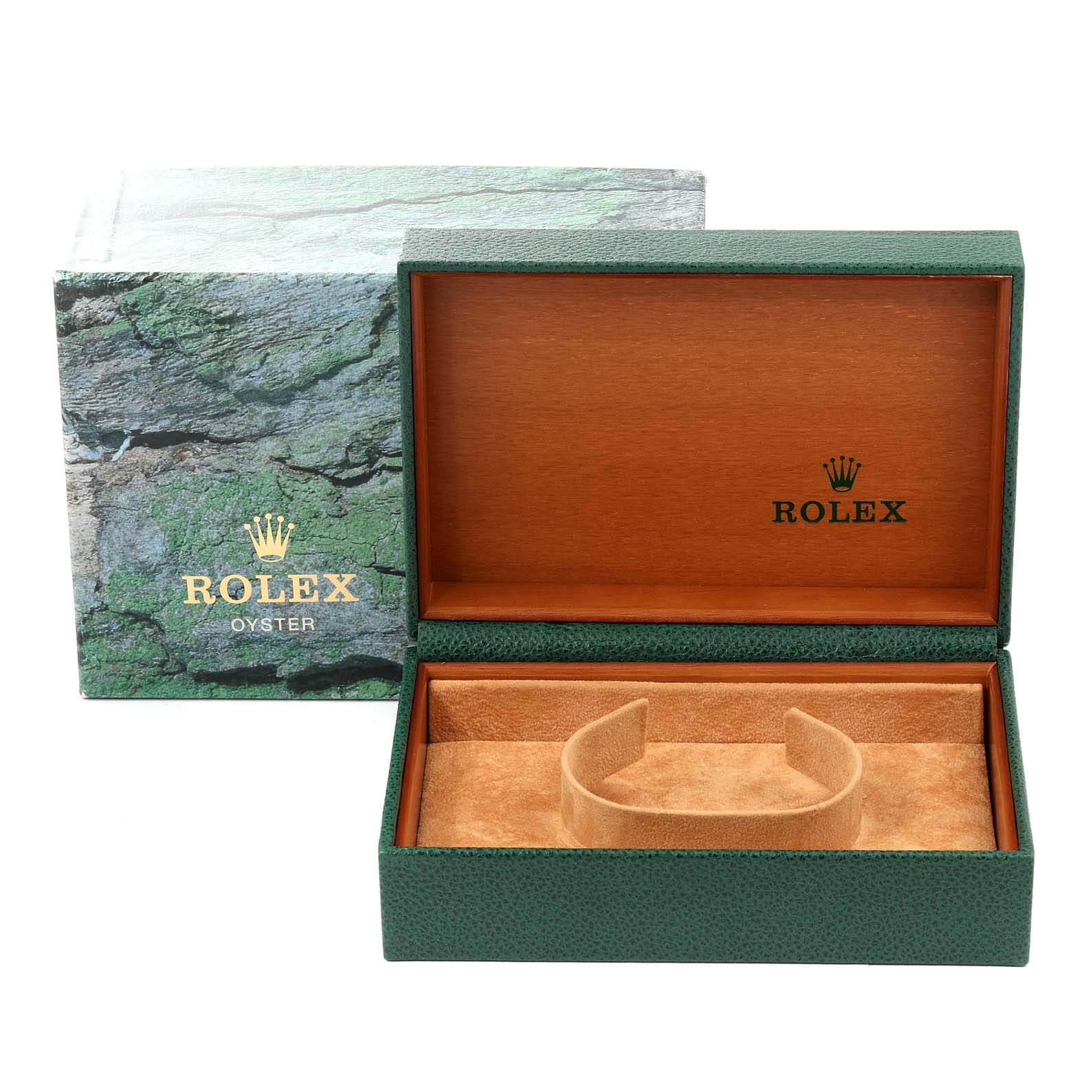 The image shows an open Rolex Air-King 14000 Men's Stainless Steel Blue Dial 14000 Men's Stainless Steel Blue Dial watch box, including the green outer box, the wooden interior, and the watch cushion.