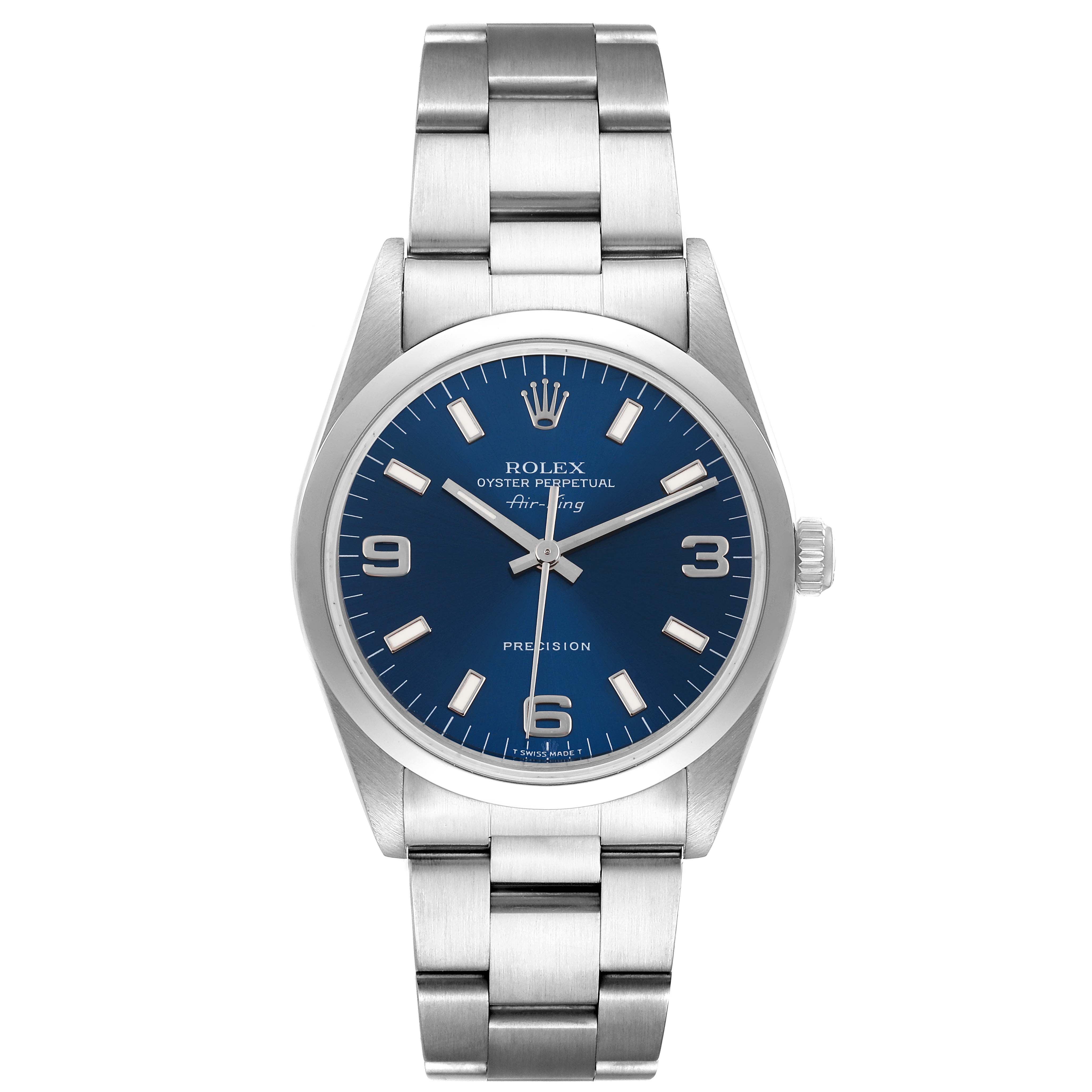 The image shows a front view of a Rolex Air-King 14000 Men's Stainless Steel Blue Dial 14000 Men's Stainless Steel Blue Dial watch, highlighting its blue dial and stainless steel bracelet.