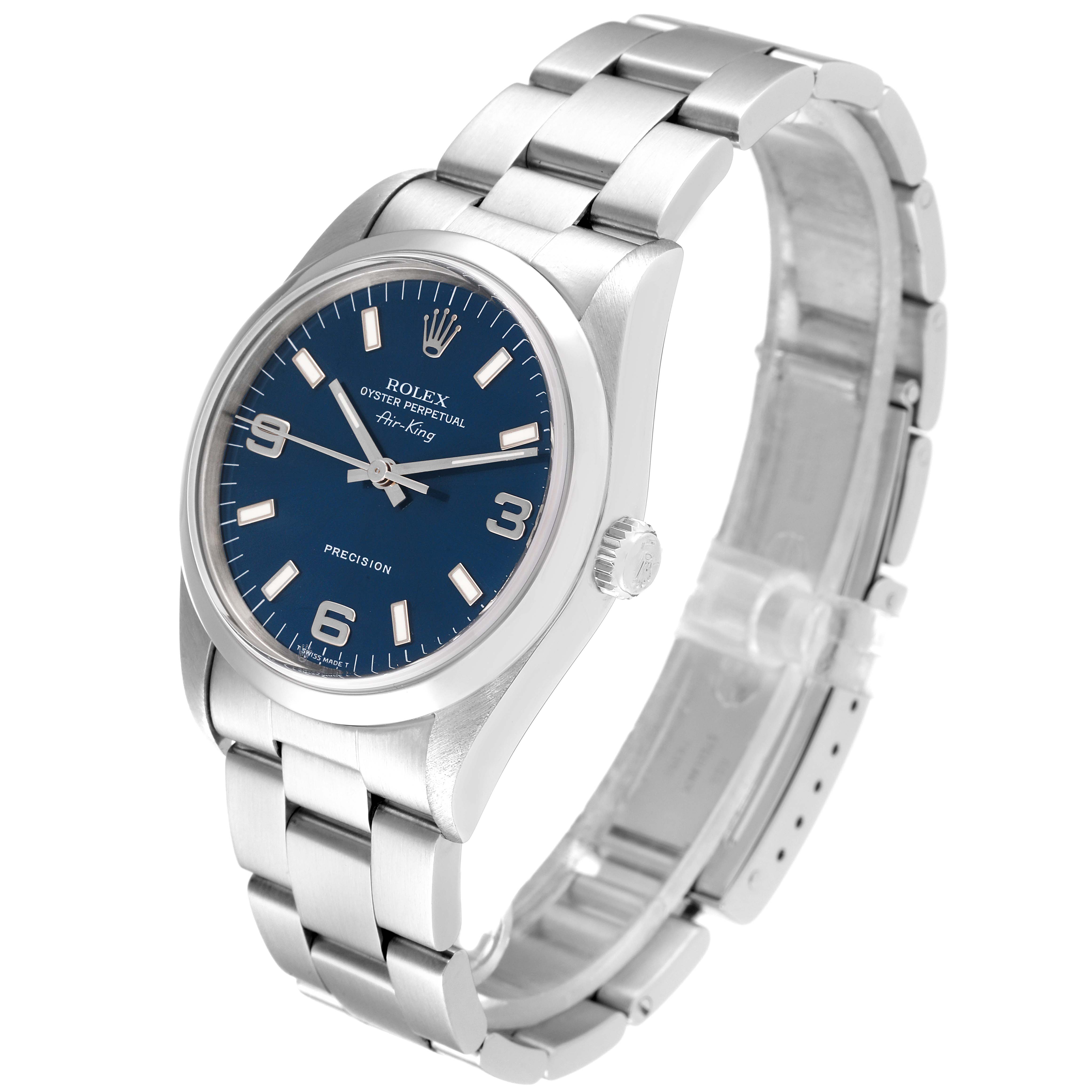 The Rolex Air-King 14000 Men's Stainless Steel Blue Dial 14000 Men's Stainless Steel Blue Dial watch is shown at a three-quarter angle, displaying the face, crown, and metal bracelet.