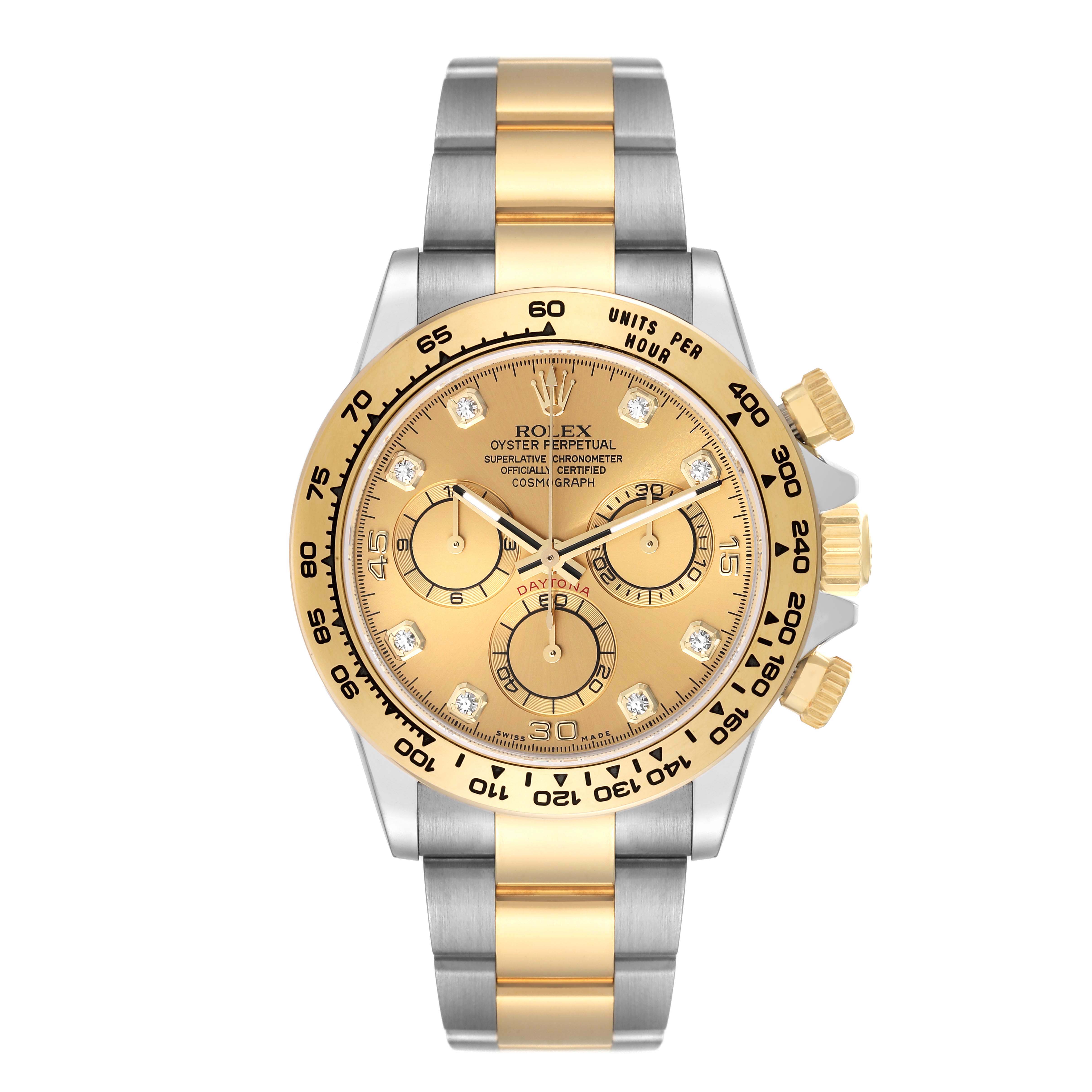 This Rolex Daytona 116503 Men's Steel and Gold (two tone) Champagne Dial 116503 Men's Steel and Gold (two tone) Champagne Dial watch is shown from the front, displaying the dial, bezel, and bracelet.