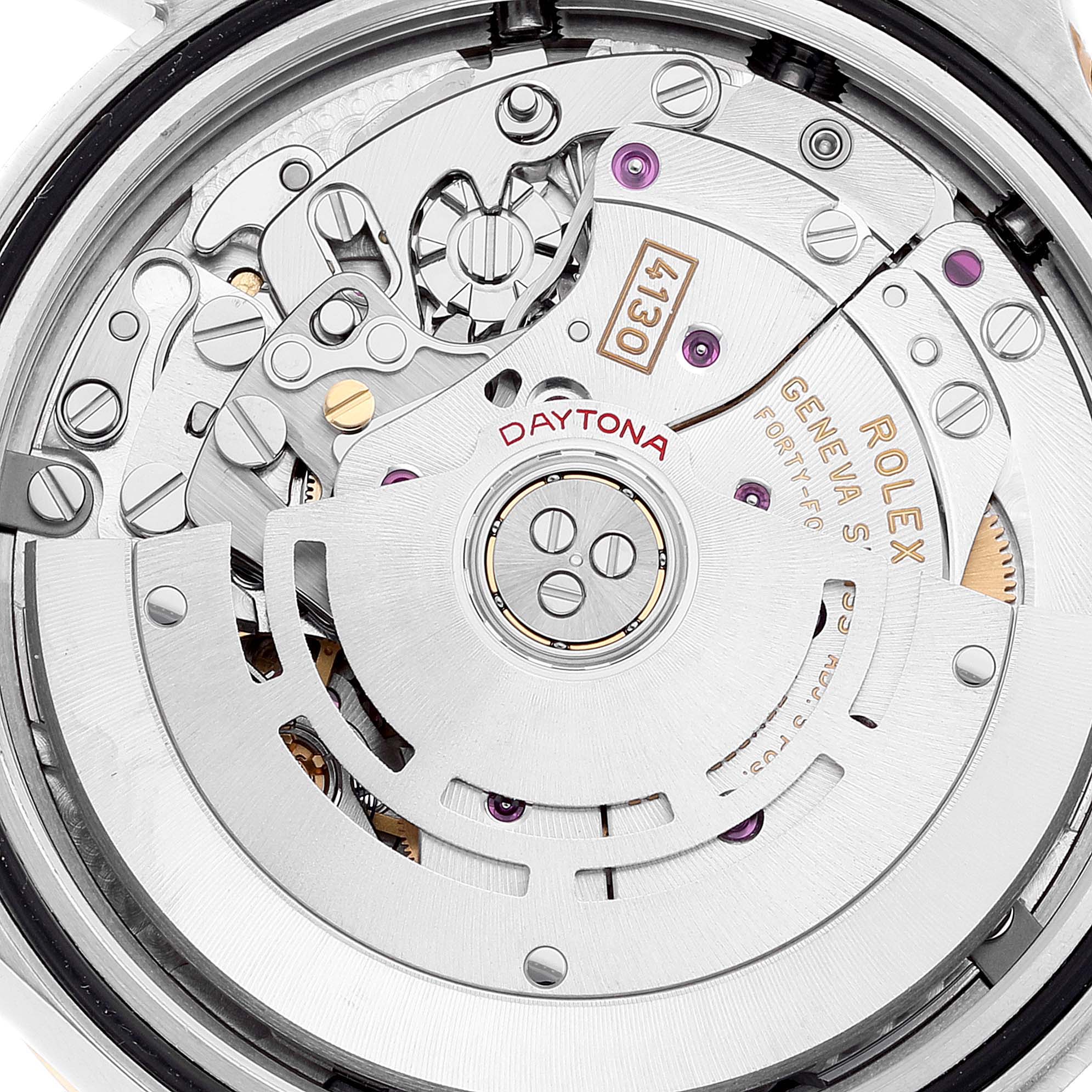 The image shows the movement mechanism of a Rolex Daytona 116503 Men's Steel and Gold (two tone) Champagne Dial 116503 Men's Steel and Gold (two tone) Champagne Dial watch, capturing its intricate components and engravings.