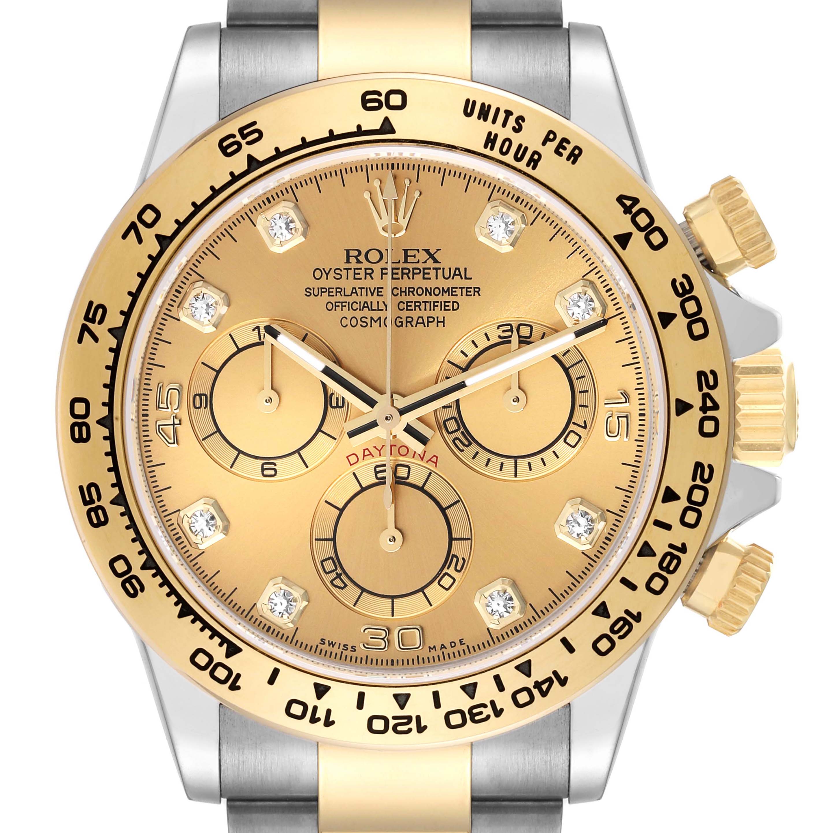 The image shows a close-up front view of the Rolex Daytona 116503 Men's Steel and Gold (two tone) Champagne Dial 116503 Men's Steel and Gold (two tone) Champagne Dial watch, highlighting the dial, bezel, and pushers.