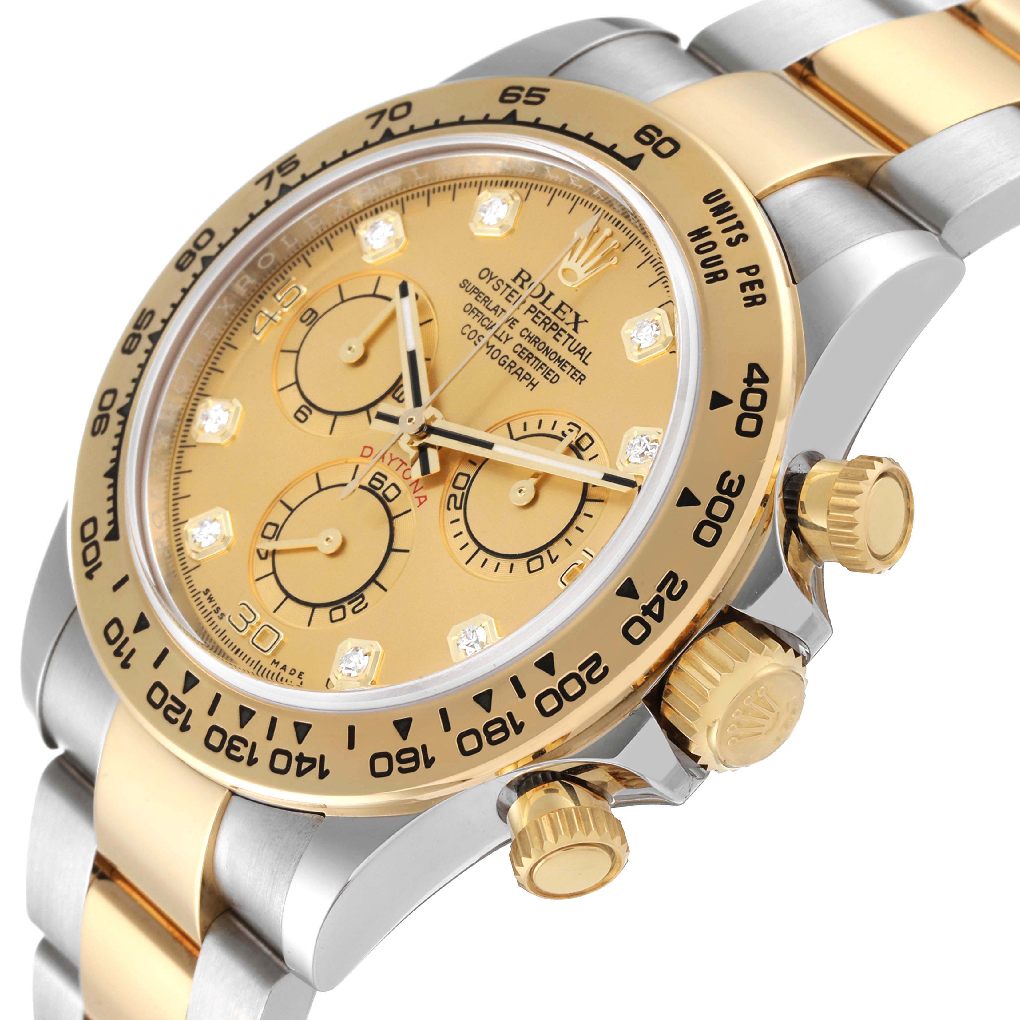 The image shows a close-up side angle of a Rolex Daytona 116503 Men's Steel and Gold (two tone) Champagne Dial 116503 Men's Steel and Gold (two tone) Champagne Dial watch, highlighting its gold dial, bezel, and chronograph pushers.