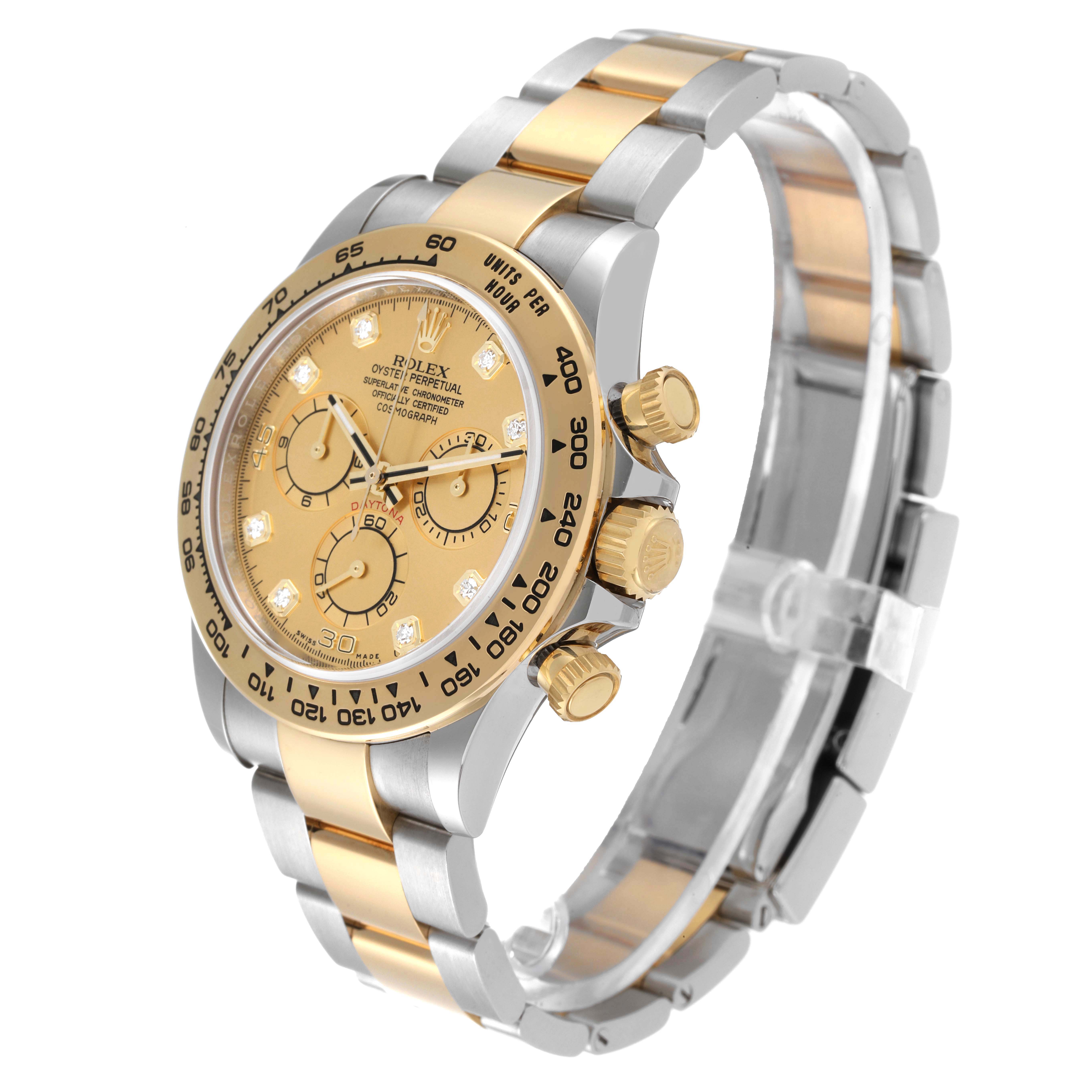 This image shows a Rolex Daytona 116503 Men's Steel and Gold (two tone) Champagne Dial 116503 Men's Steel and Gold (two tone) Champagne Dial watch at an angled view, focusing on the dial, bezel, and bracelet.