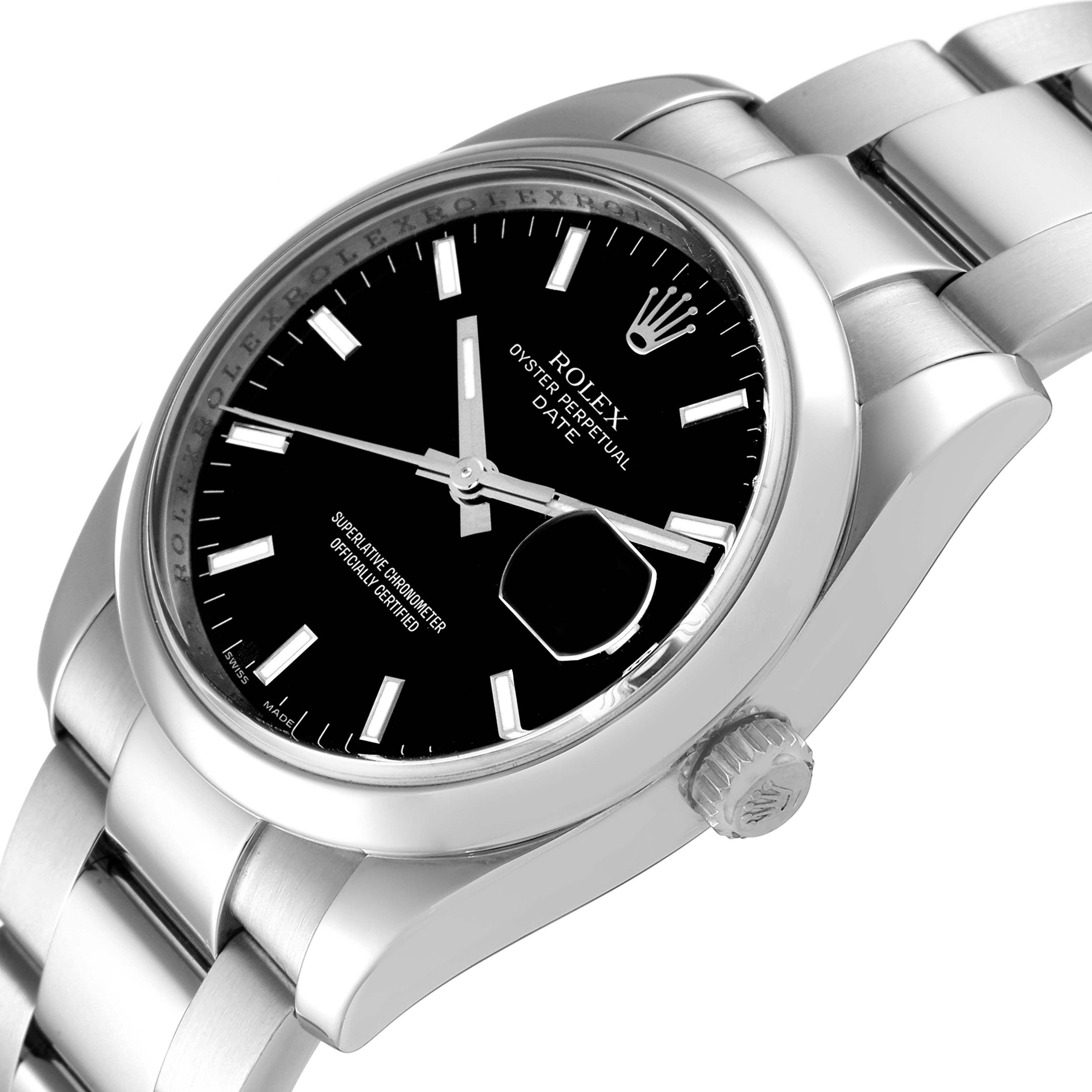 The Rolex Oyster Perpetual Date watch is shown from an angled side view, displaying its black dial, metal bracelet, and crown.