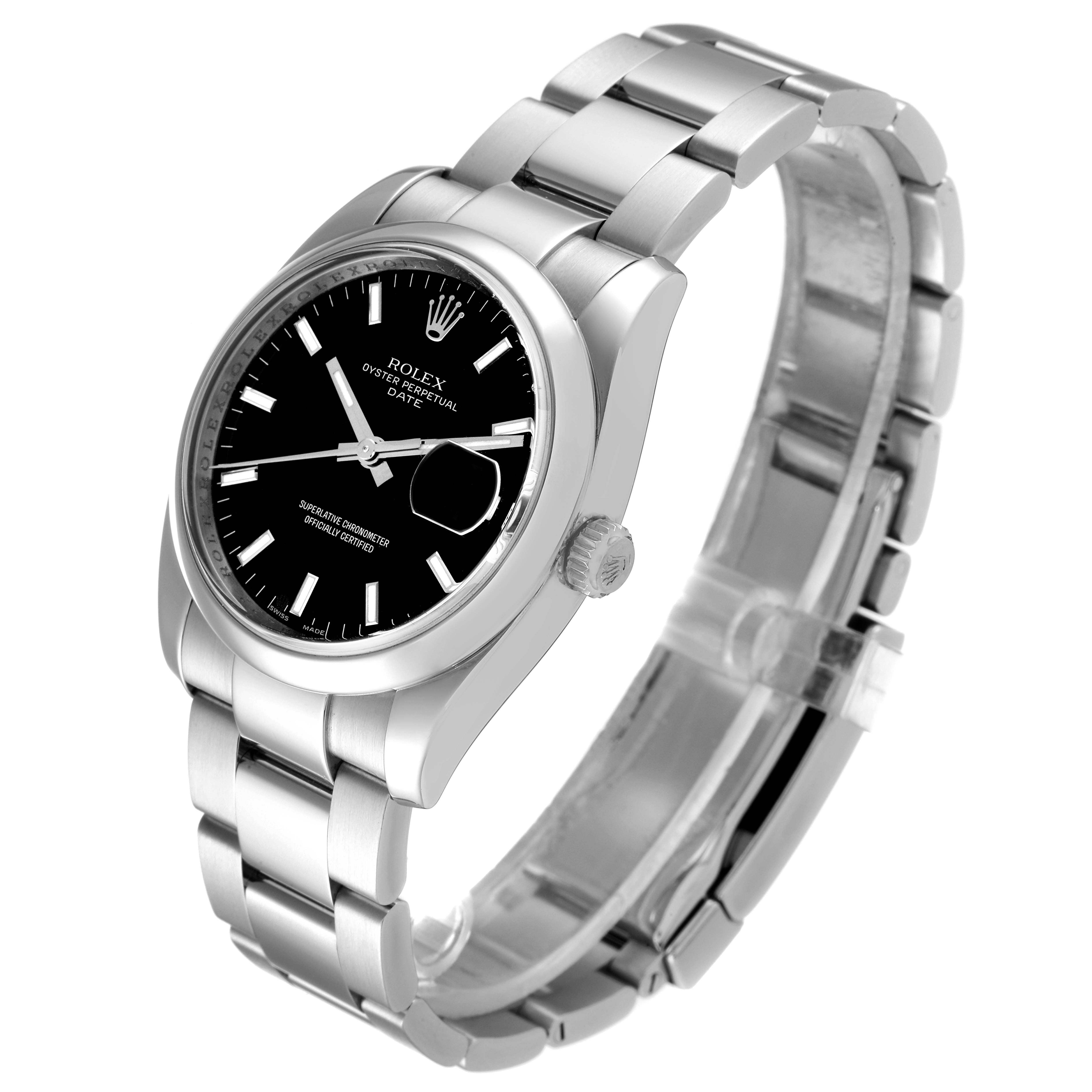 This image shows a Rolex Date 115200 Men's Stainless Steel Black Dial 115200 Men's Stainless Steel Black Dial model watch in silver-tone, displaying the dial, bracelet, case, and crown from a slightly angled perspective.
