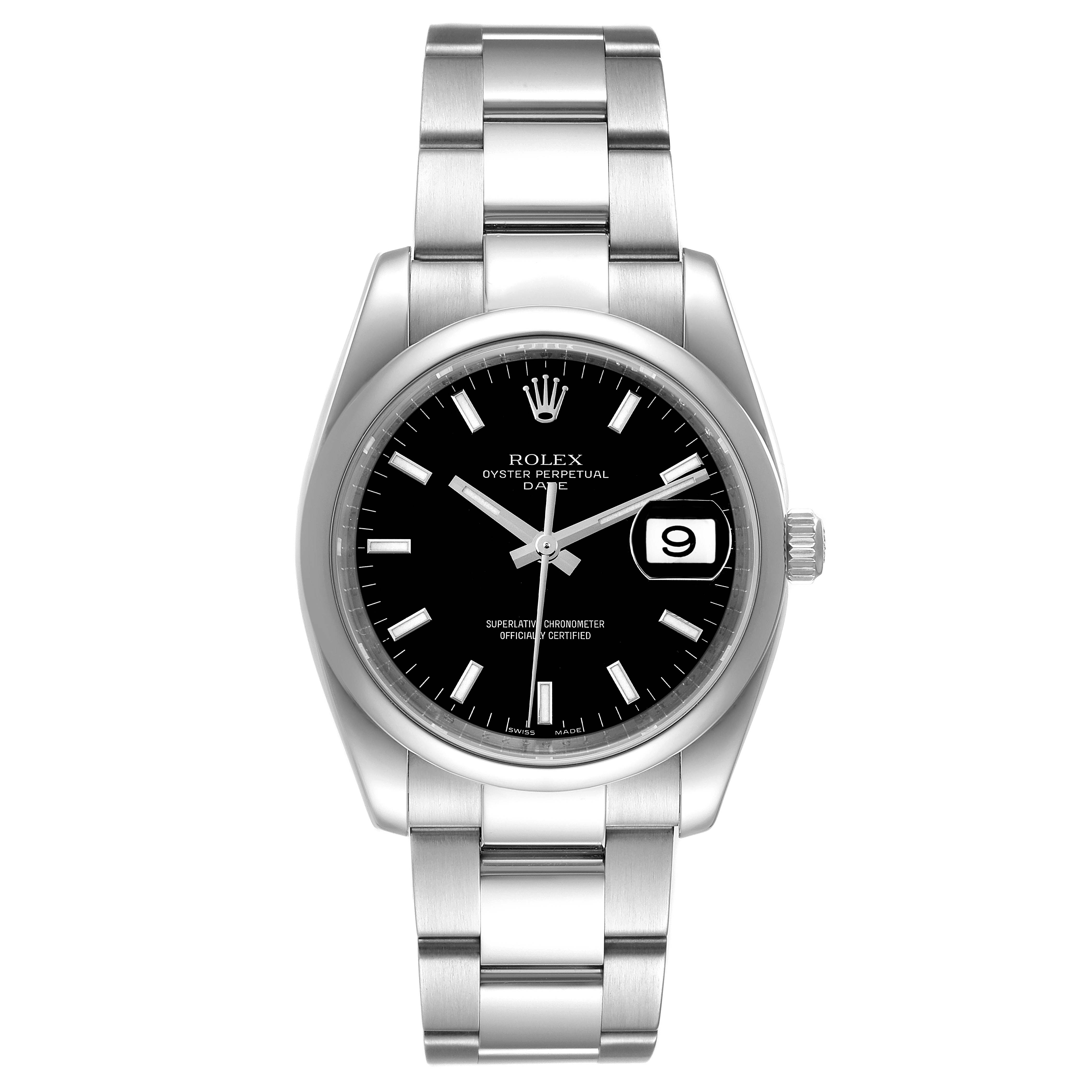 The image shows a front view of the Rolex Date 115200 Men's Stainless Steel Black Dial 115200 Men's Stainless Steel Black Dial model watch, highlighting its black dial, steel bracelet, and date window at 3 o'clock.