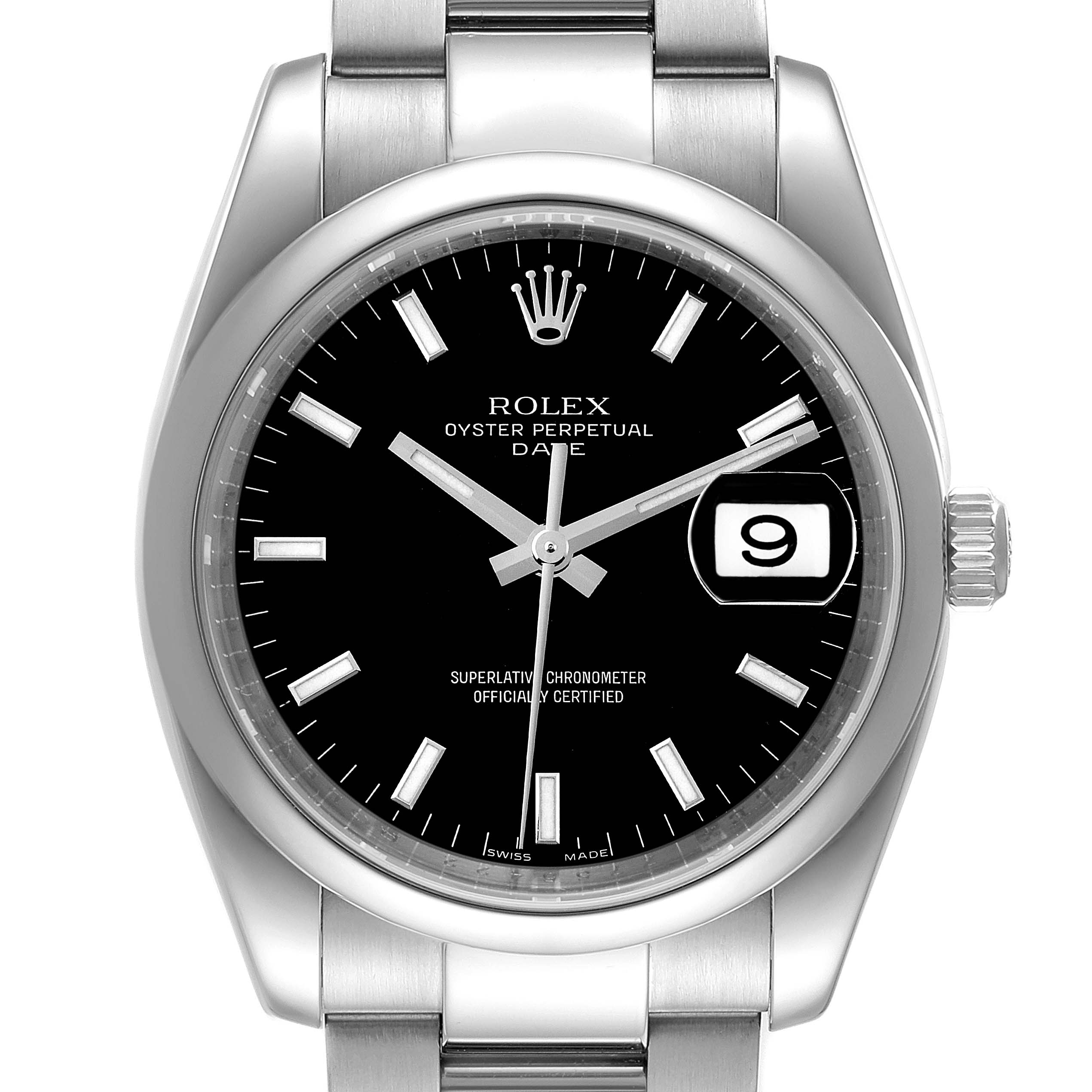 This image shows a front view of the Rolex Oyster Perpetual Date watch, highlighting the dial, hands, bezel, and part of the bracelet.
