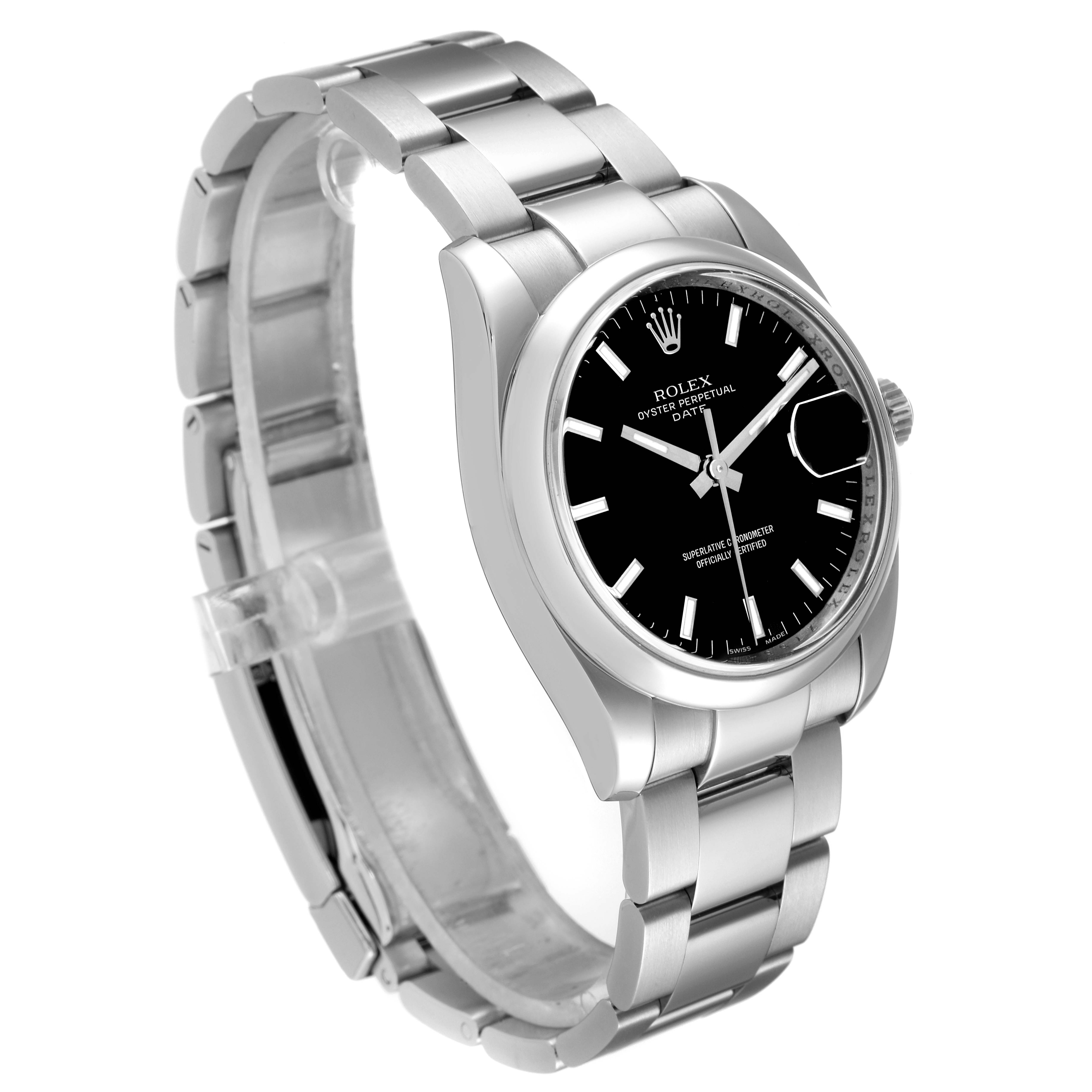The Rolex Date 115200 Men's Stainless Steel Black Dial 115200 Men's Stainless Steel Black Dial model watch is shown at a three-quarter angle, displaying its bracelet, bezel, and black dial.