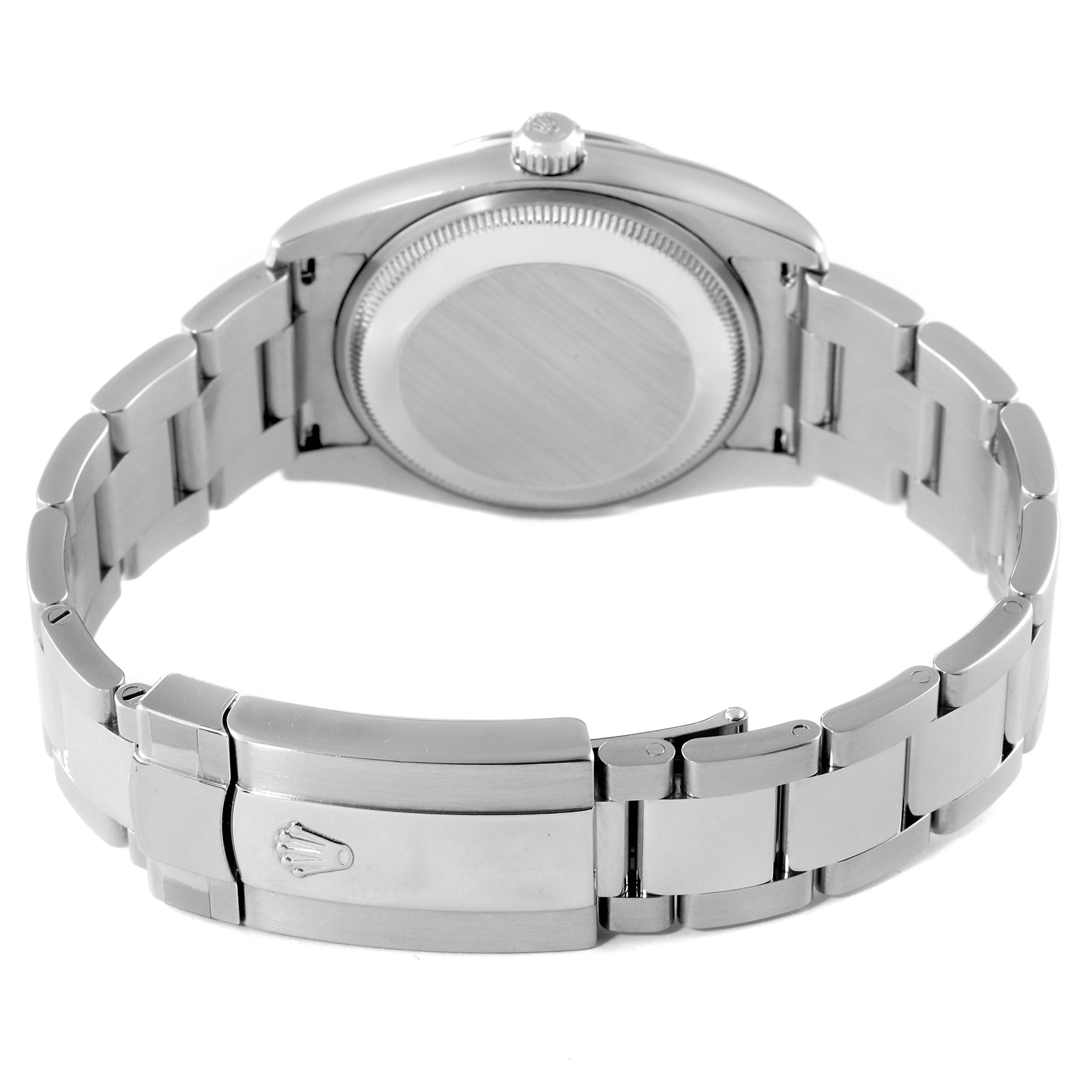 This image shows the back view of a Rolex Date 115200 Men's Stainless Steel Black Dial 115200 Men's Stainless Steel Black Dial model watch, focusing on the case, bracelet, and clasp.