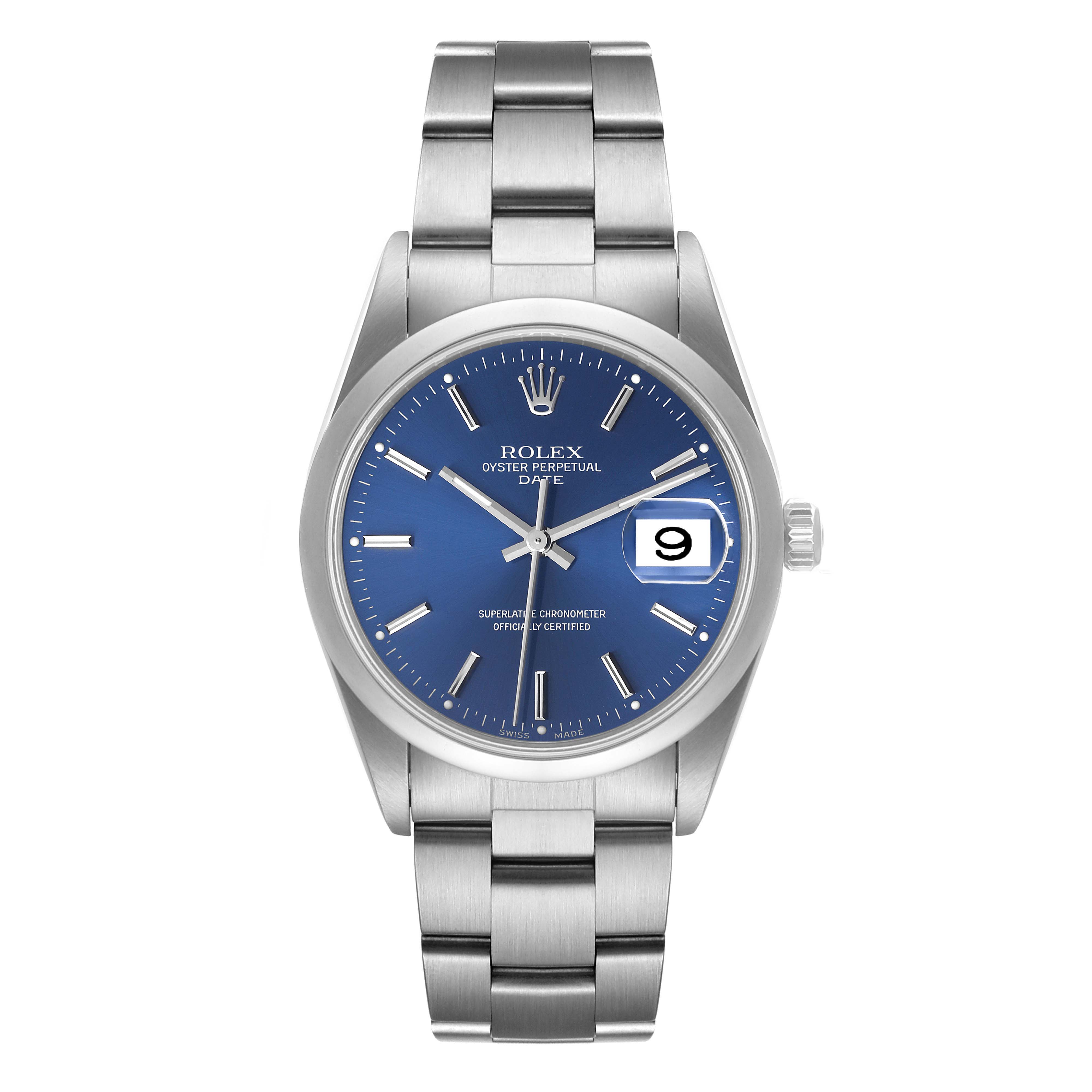 This image shows a front view of the Rolex Date 15200 Men's Stainless Steel Blue Dial 15200 Men's Stainless Steel Blue Dial watch, featuring a blue dial and stainless steel bracelet.